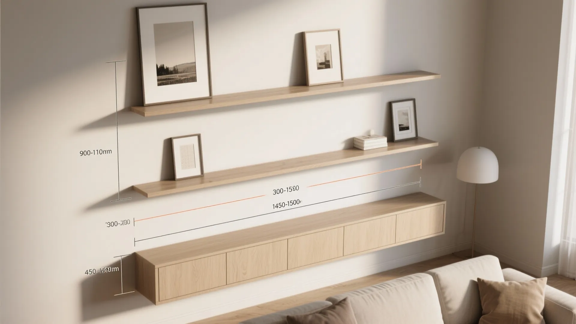 Diagram showing height and width measurements for wooden wall shelves above a long storage cabinet