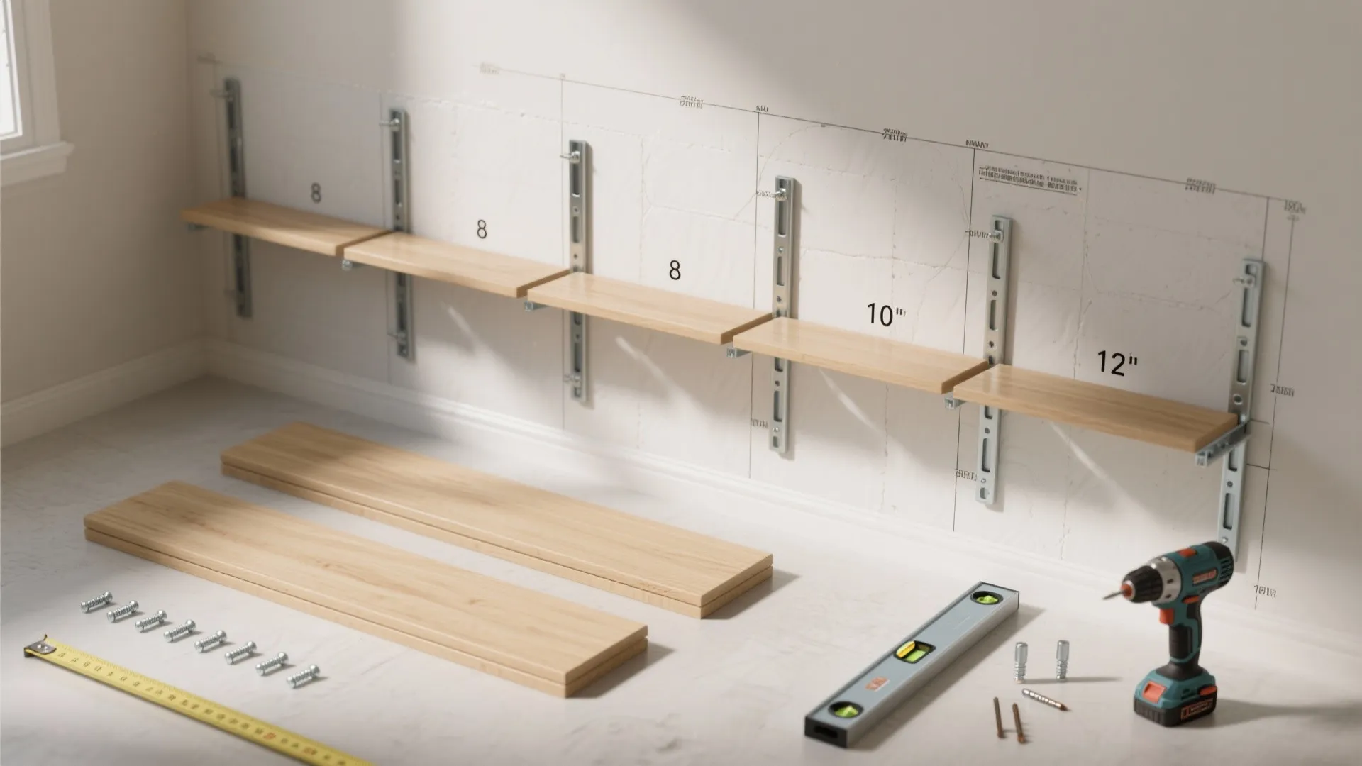 Wall shelf installation showing wood boards metal brackets drill level and tape measure home project