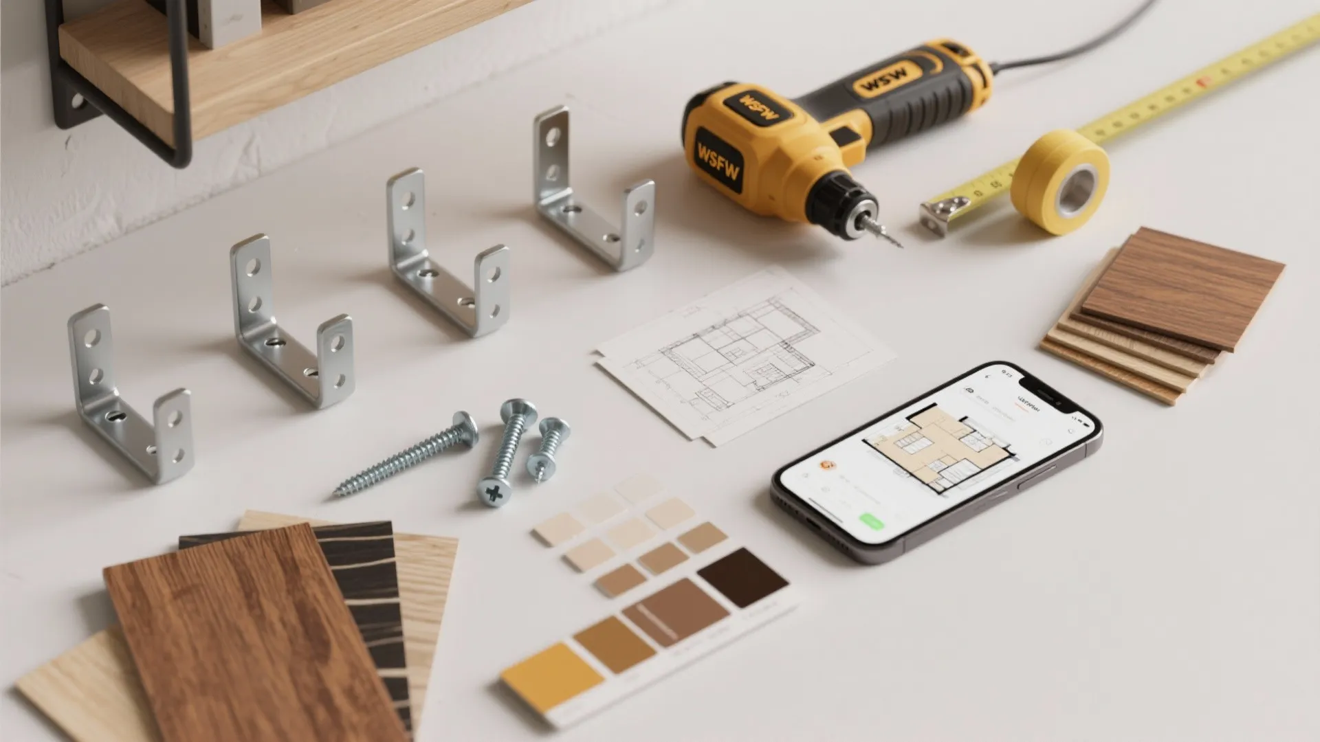 Collection of DIY tools including drill tape measure brackets and phone displaying a floor plan