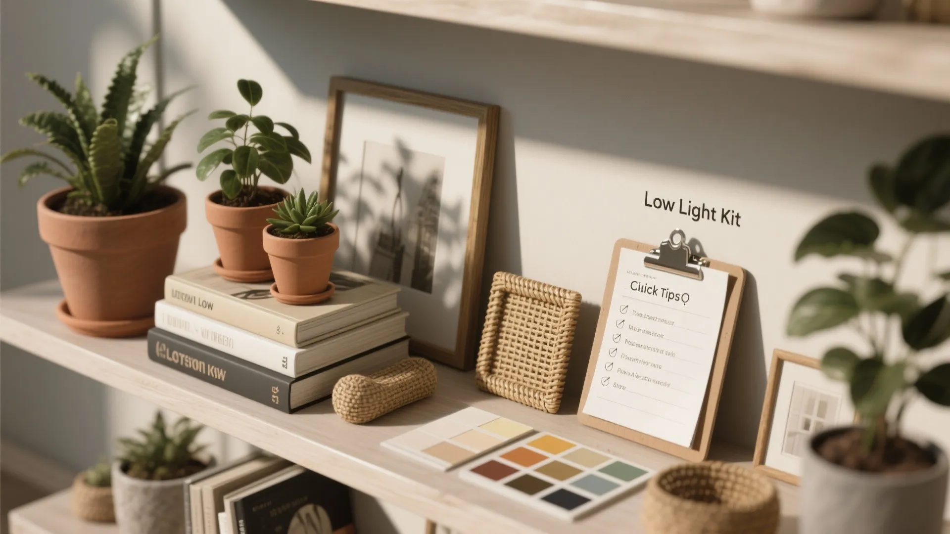 Wooden shelf with potted plants color swatches books and a clipboard showing simple quick tips