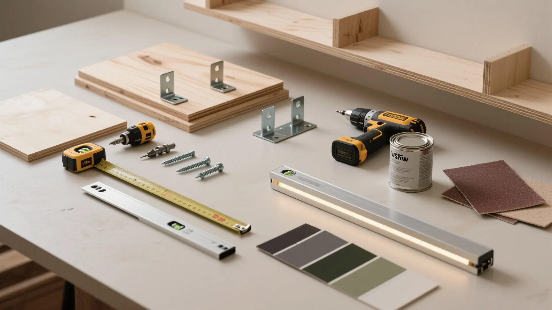 Table with diy tools including power drill tape measure screws wood pieces and color paint samples