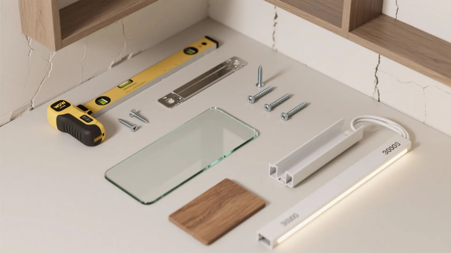Table flatlay with yellow level tool screws glass panel wood sample and a white light fixture