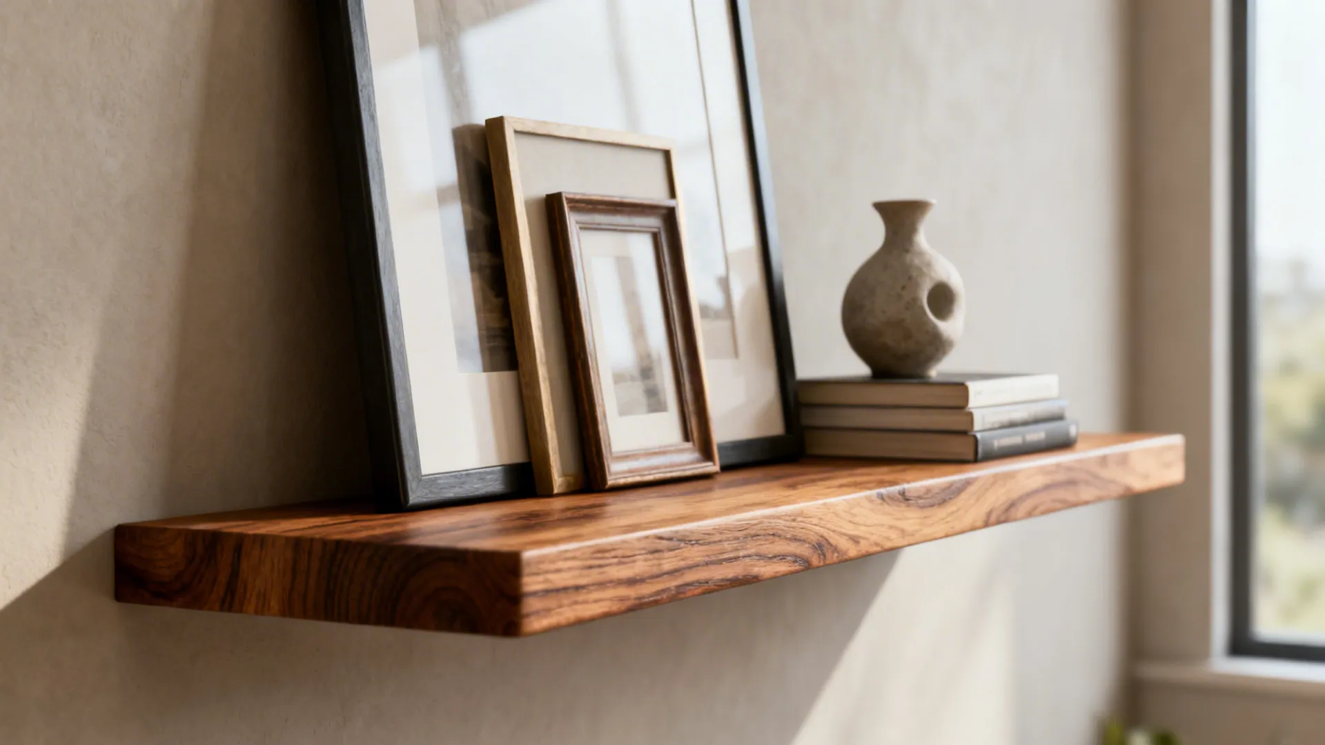 Floating picture ledge with layered frames, a vase, and books in a small living room.