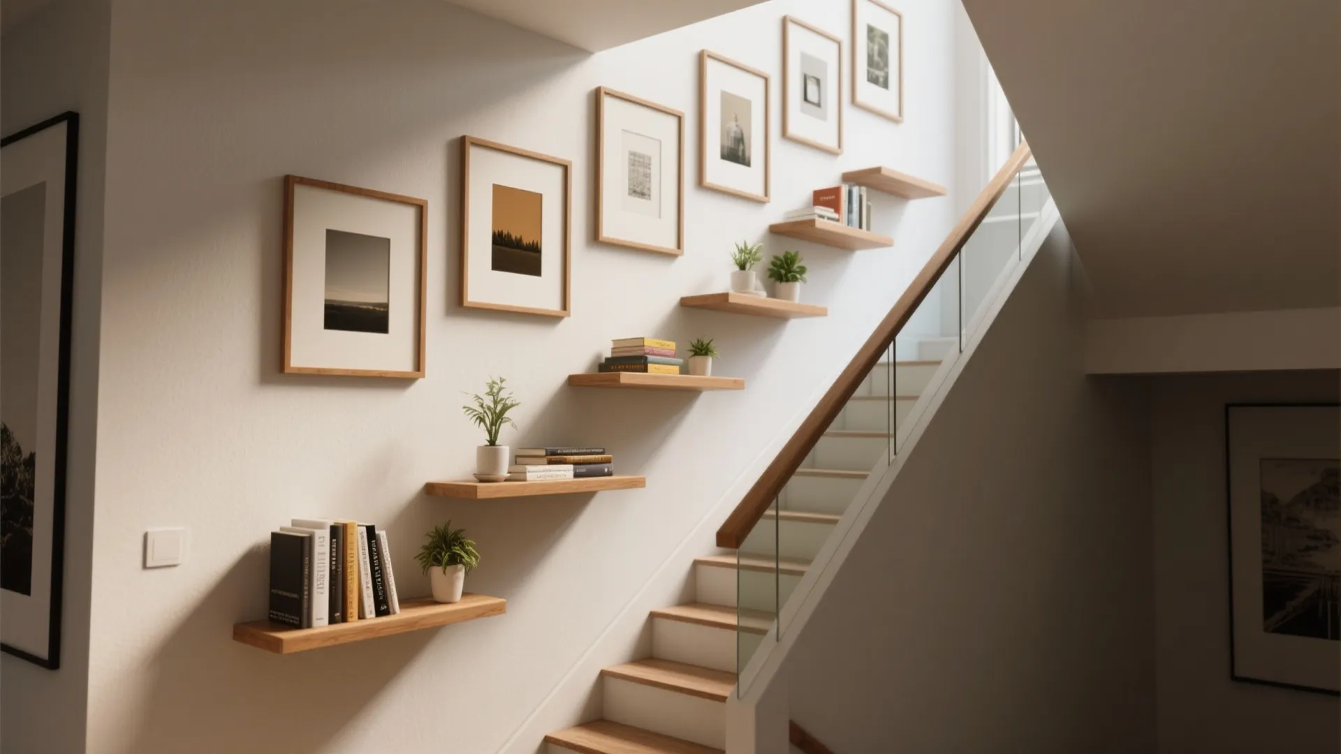 Modern staircase wall featuring wooden floating shelves with books plants and multiple framed art pieces