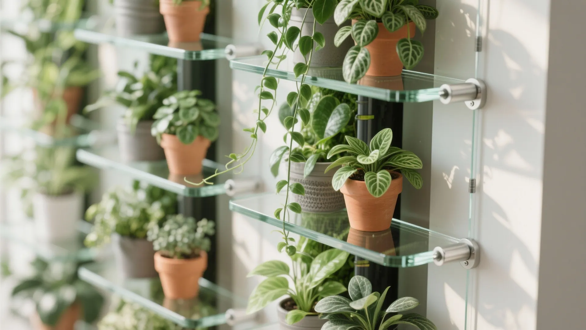 2) Vertical garden with glass shelves and rail planters