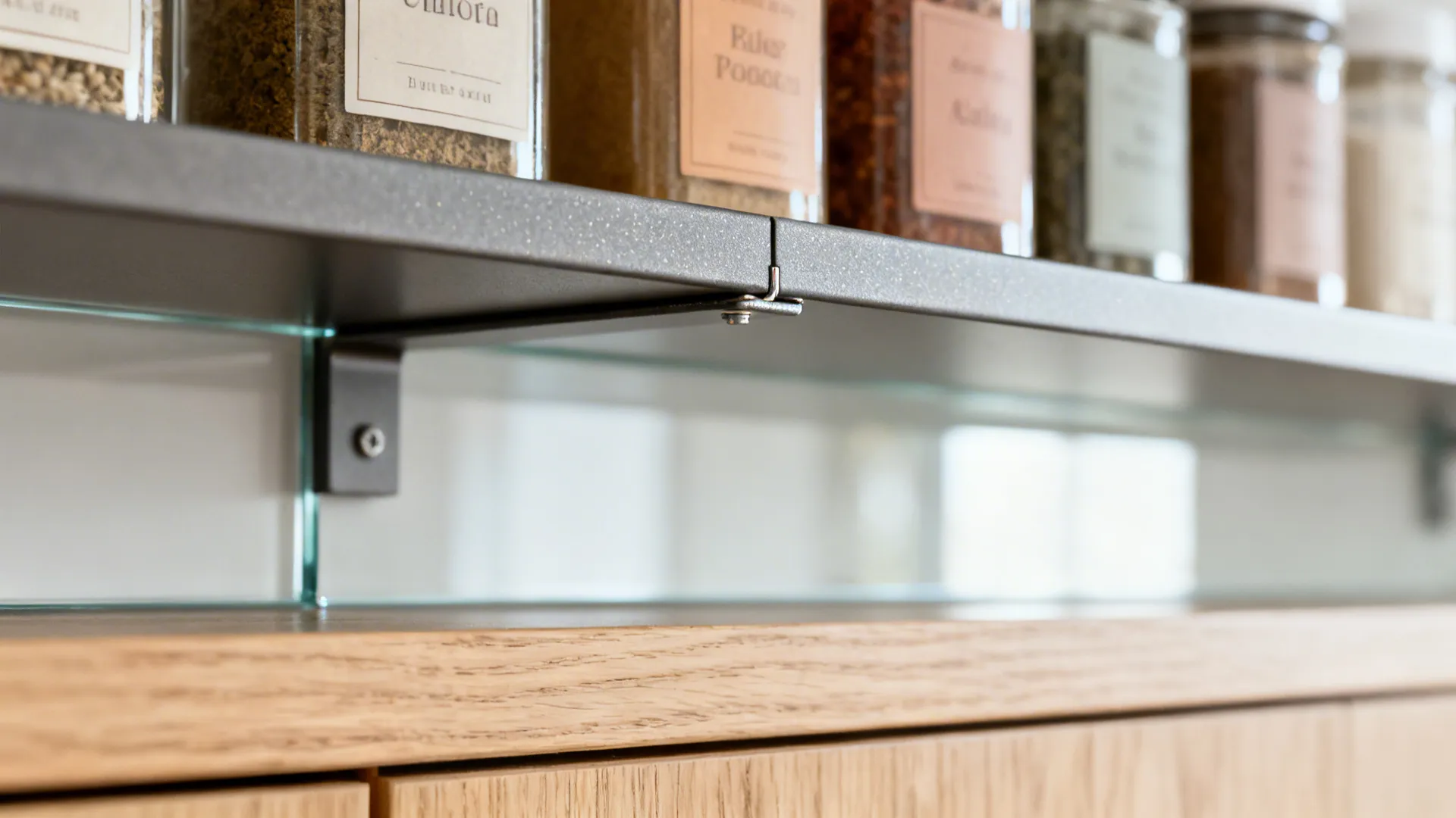 Macro detail of a thin matte steel shelf and low-iron glass backsplash with hidden bracket.