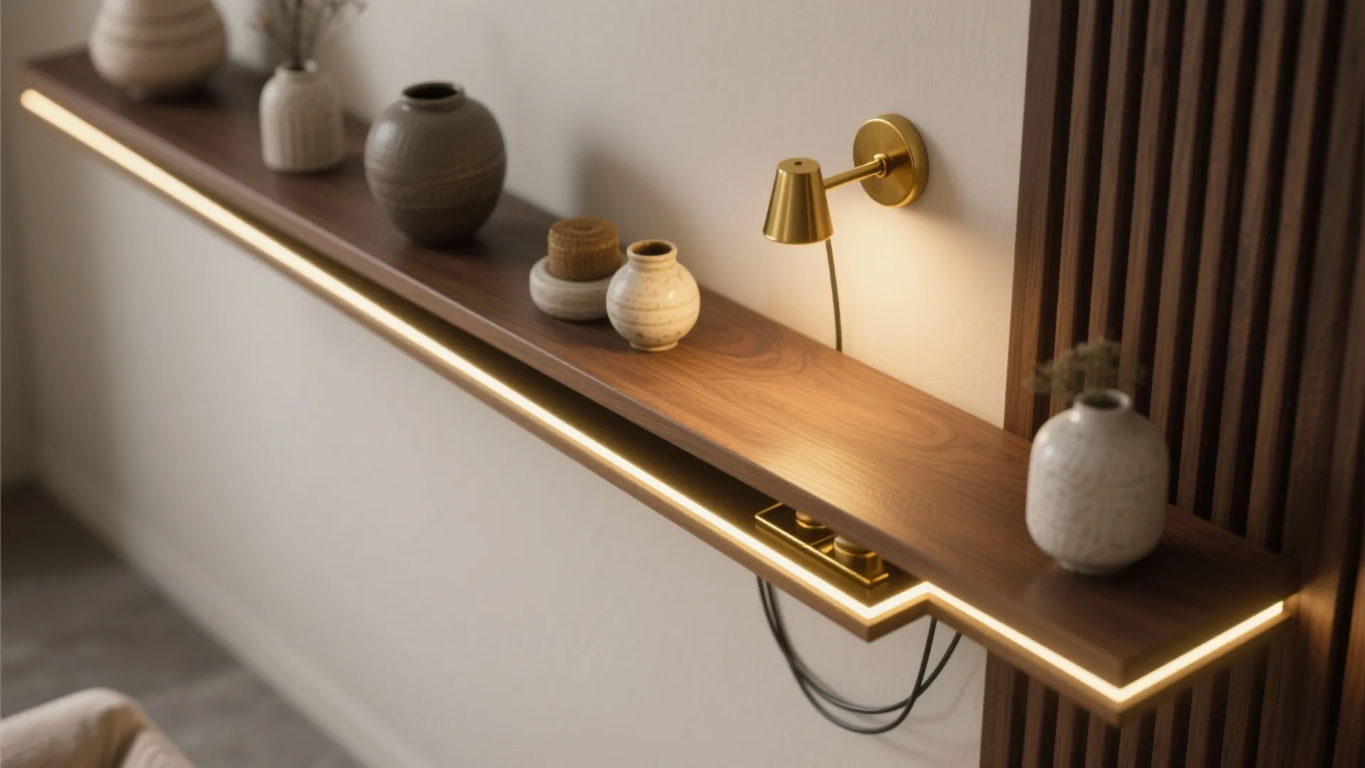 4. Integrated Shelf Lighting with Gold Accents