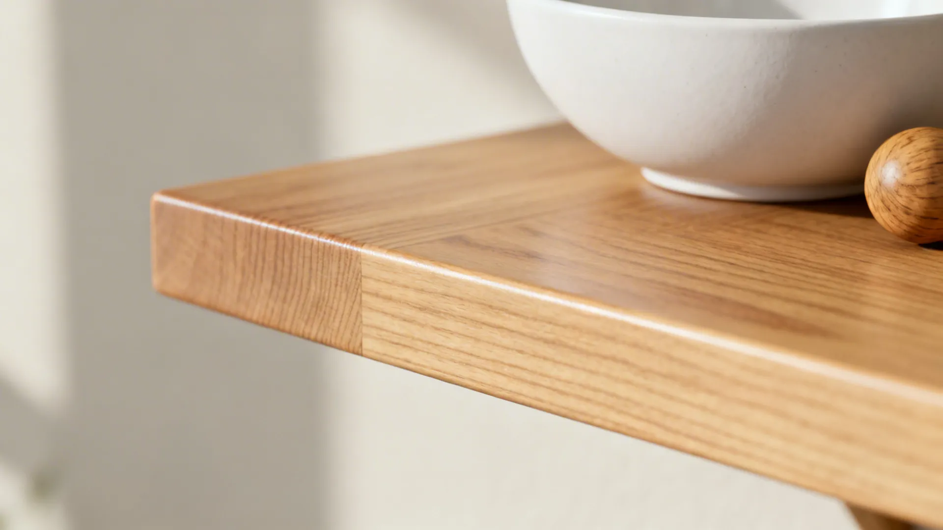 Macro of a matte pine shelf edge with visible grain beside a white bowl.