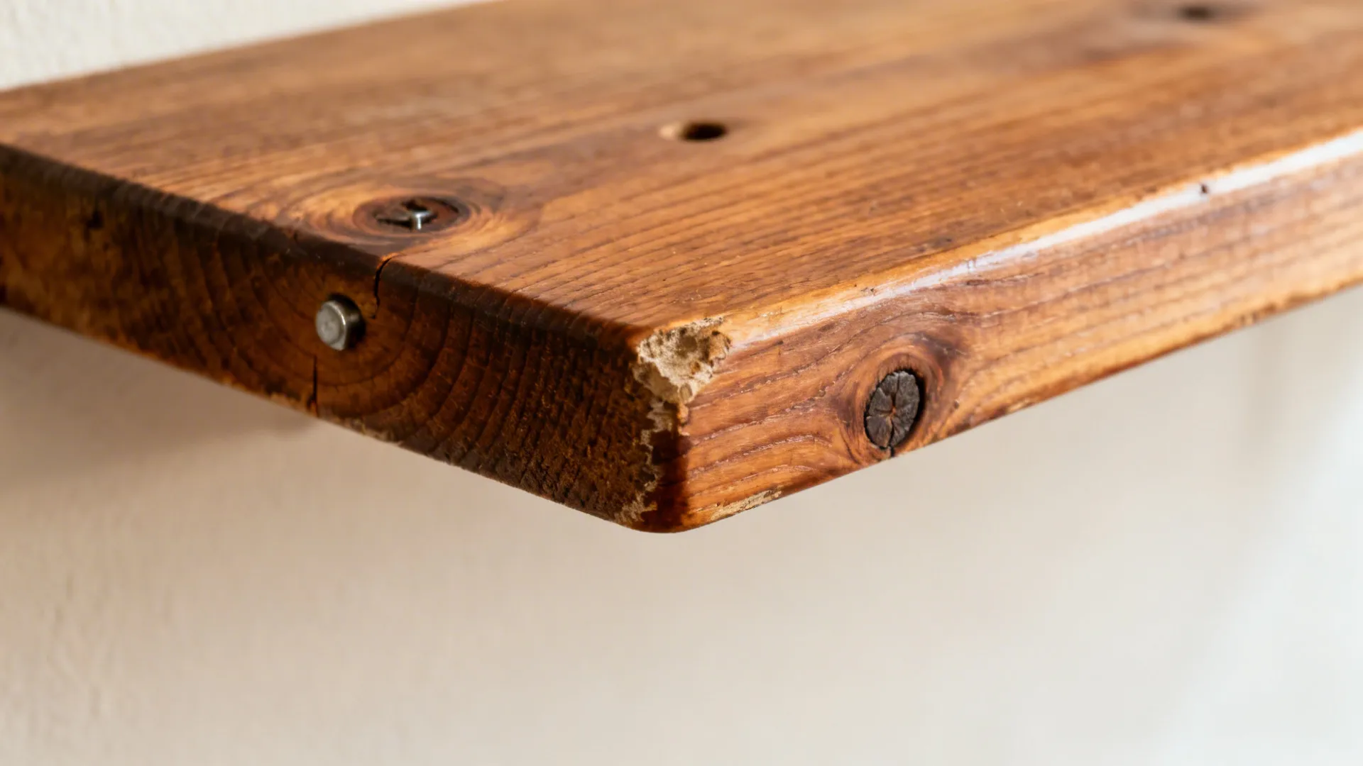 Close-up of reclaimed pine shelf edge with knots and nail holes in a matte oiled finish.