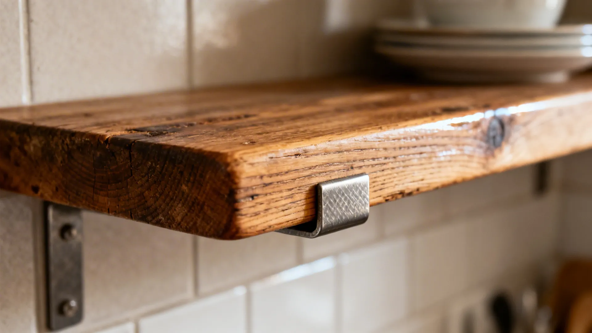 Macro of reclaimed shelf edge with rich wood grain and bracket detail under soft light.