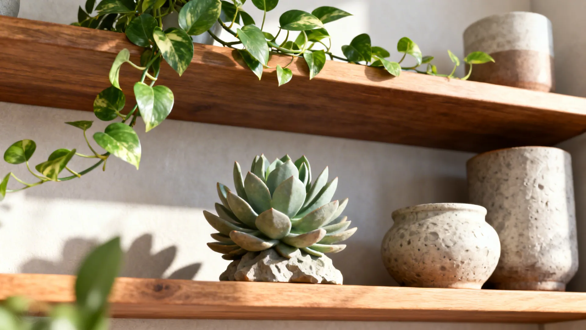 Open shelves featuring trailing plants and sculptural succulents for softness and scale.