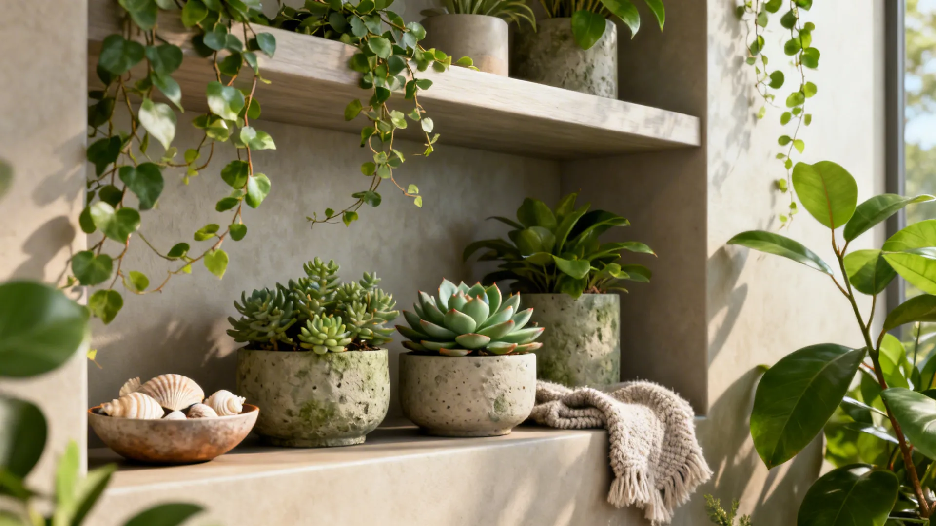 Built-in shelves with trailing plants, succulents, and seasonal decor like shells and textiles.