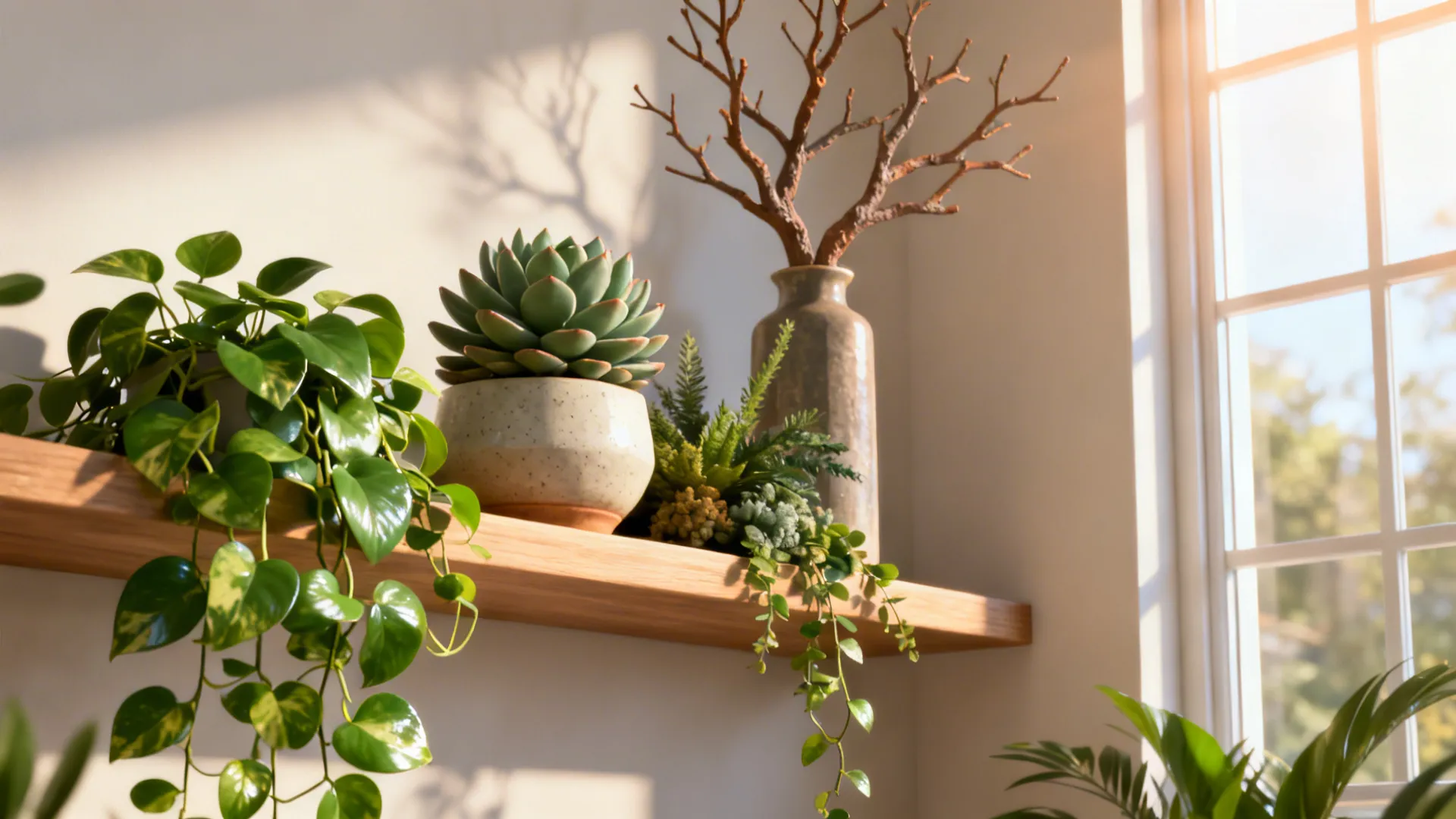 Shelves with trailing pothos, a sculptural succulent and a faux branch for texture.