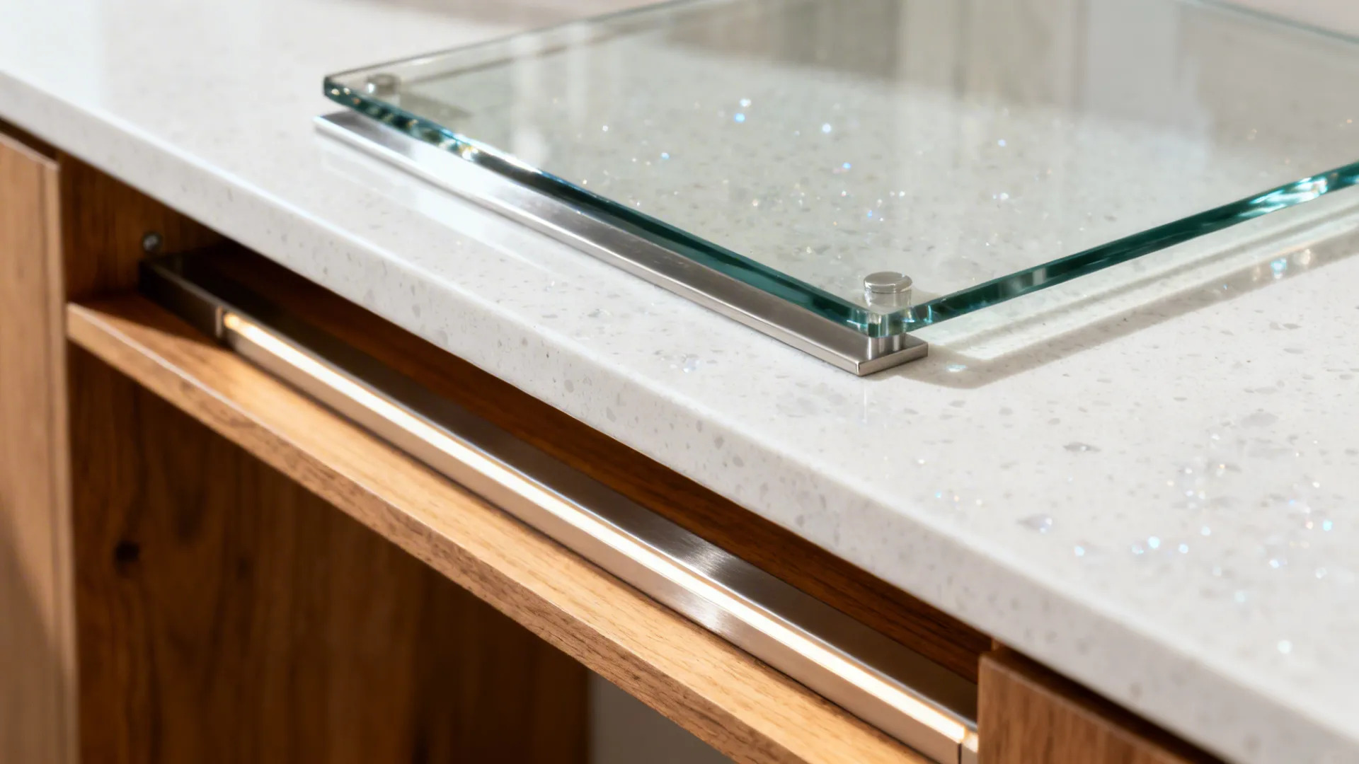 Close-up of a tempered glass edge on quartz with a slim oak shelf and LED strip above.