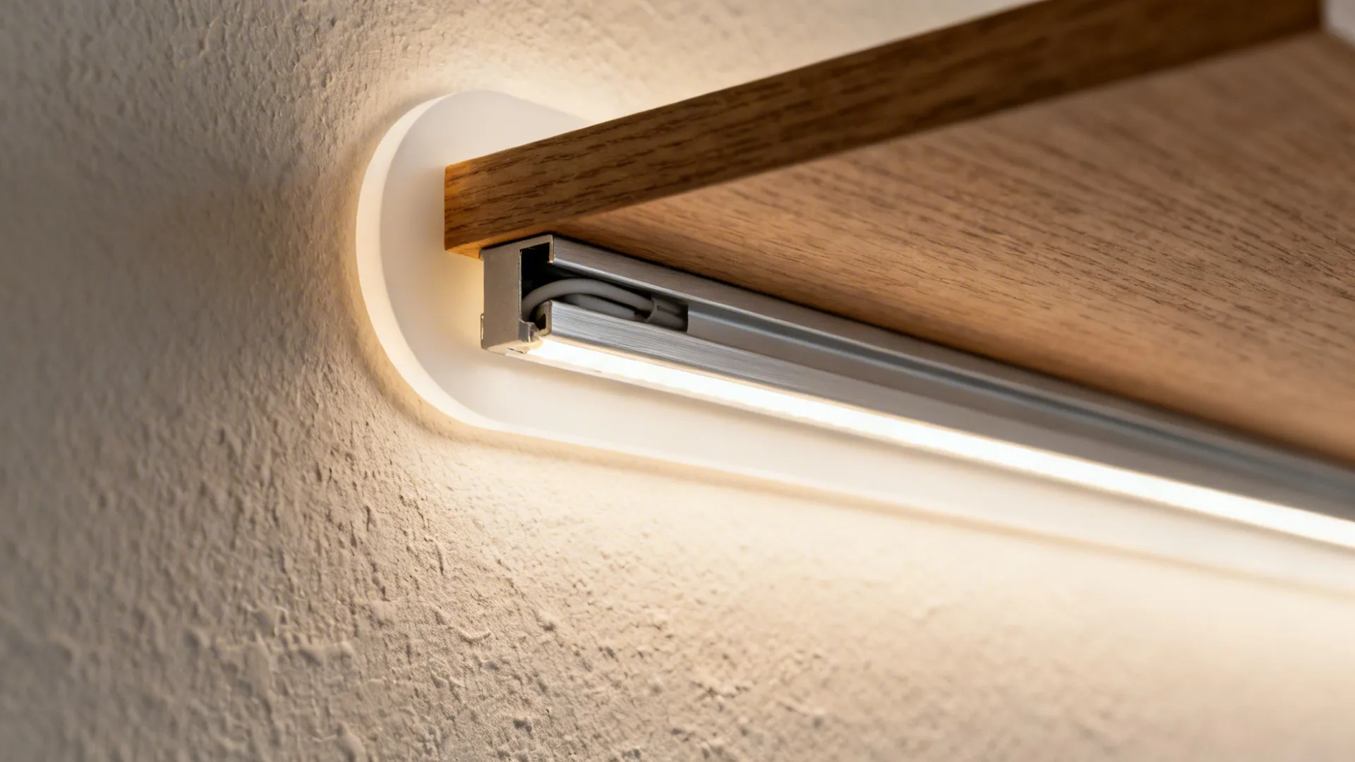 Macro of a floating shelf with recessed LED channel and opal diffuser creating a smooth wall halo.