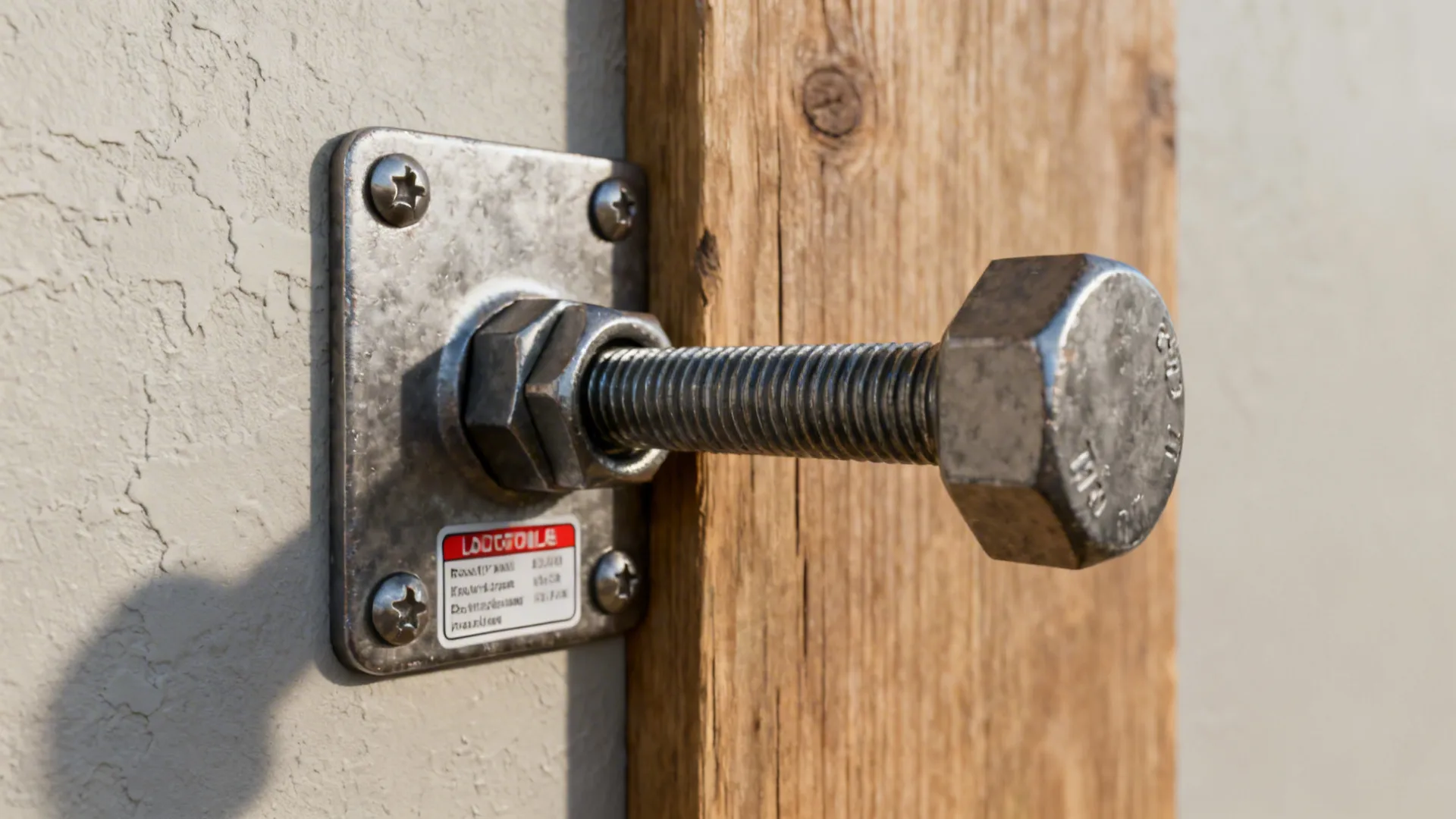 Close up detail of a metal bolt securing a wooden board to a wall bracket