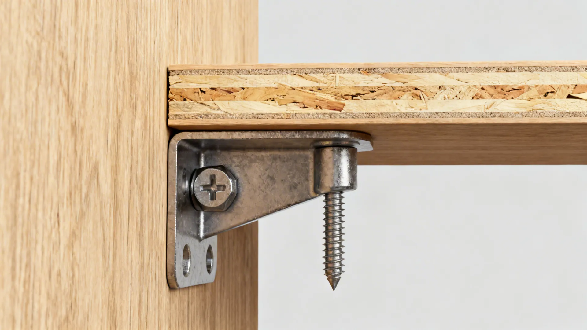Metal bracket detail holding a wooden shelf to a wall panel with a silver screw