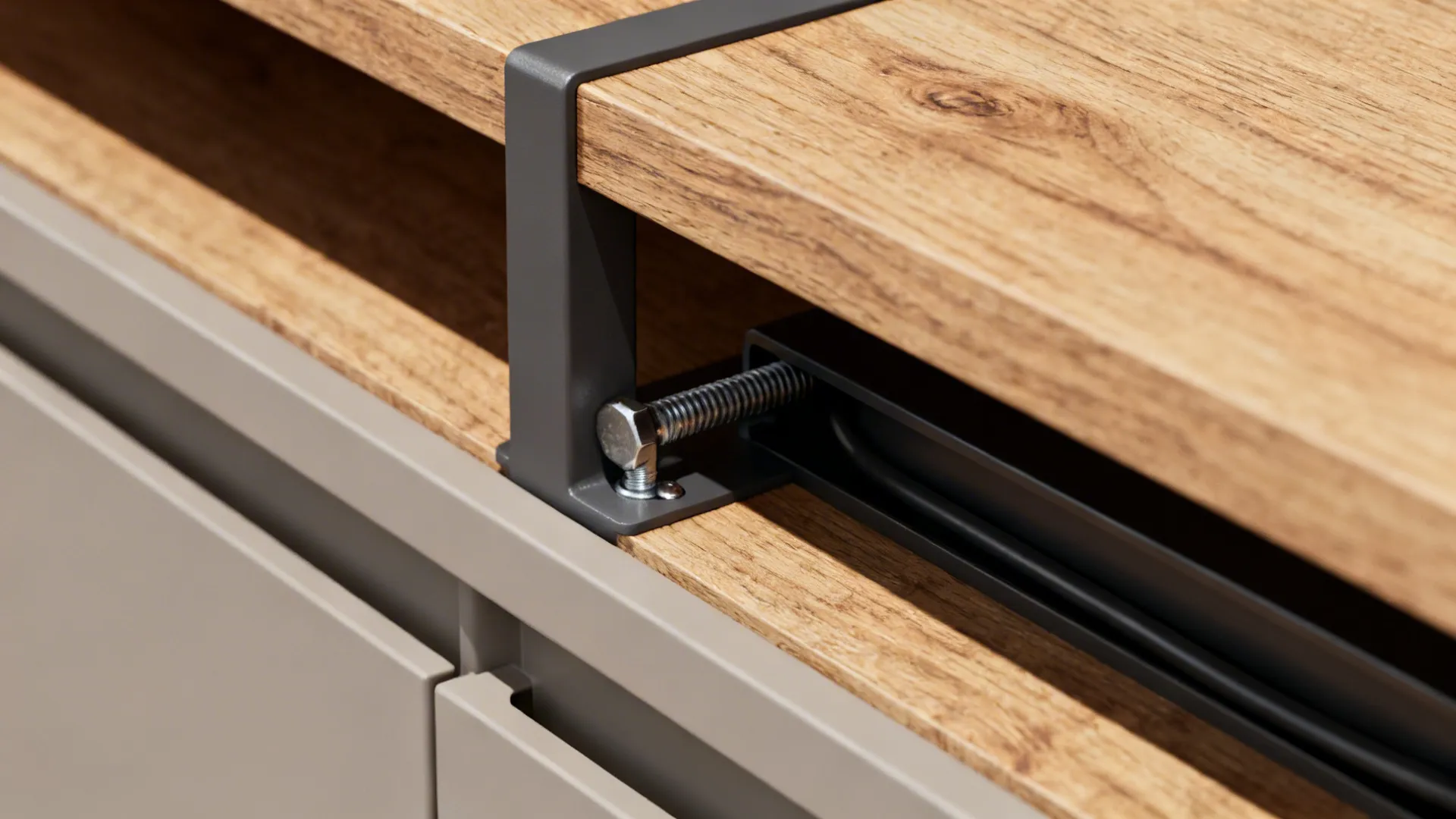 Close up of a metal bracket and screw connecting a wooden shelf to grey cabinet