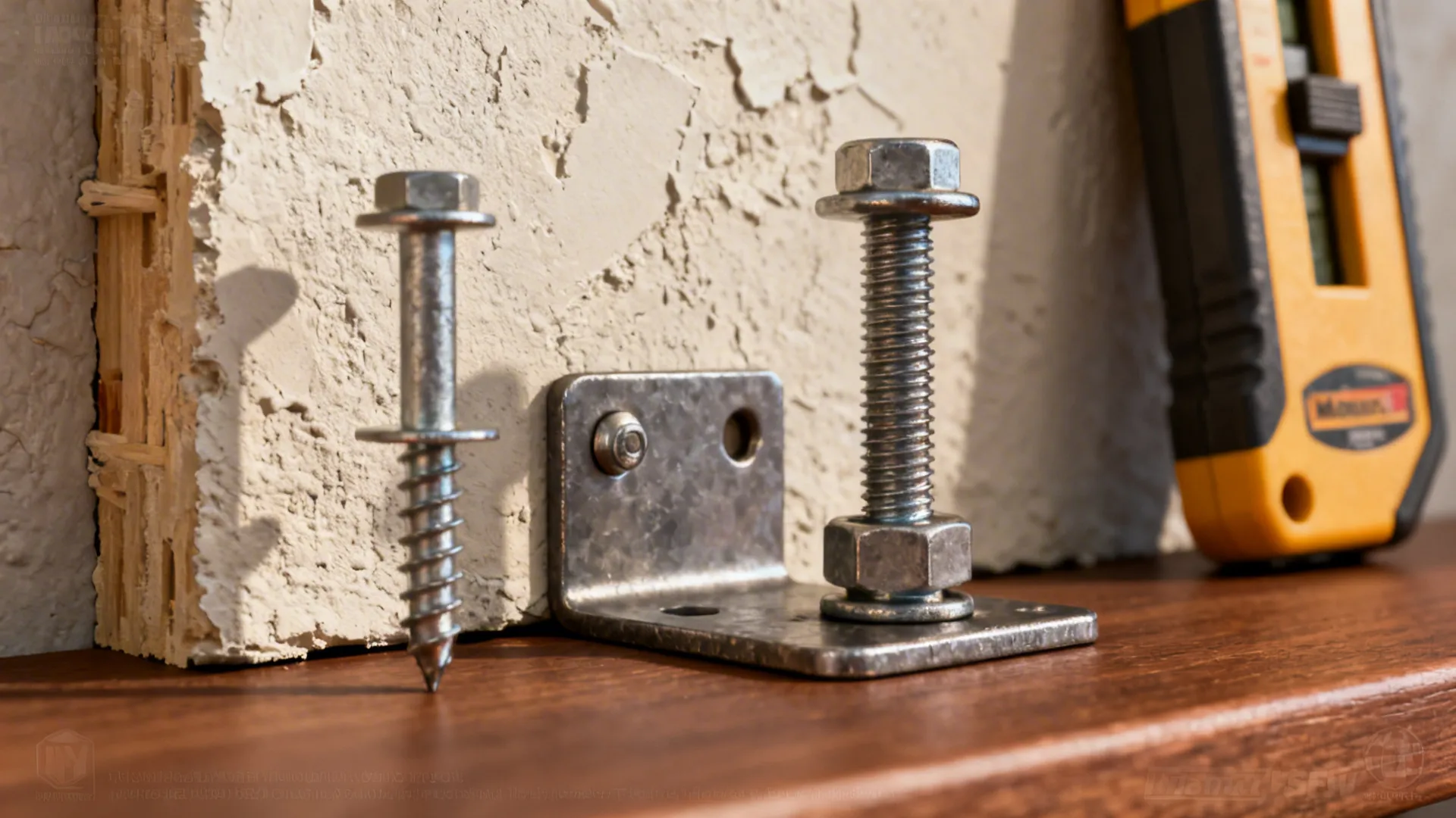 Close-up of shelf anchors and hardware for plaster and stud installation
