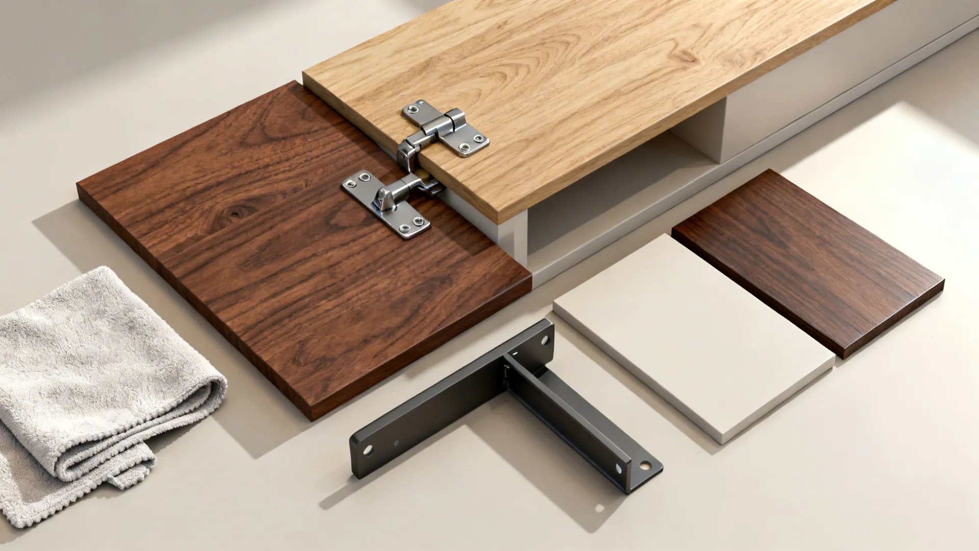 5) Open wood shelving paired with concealed storage