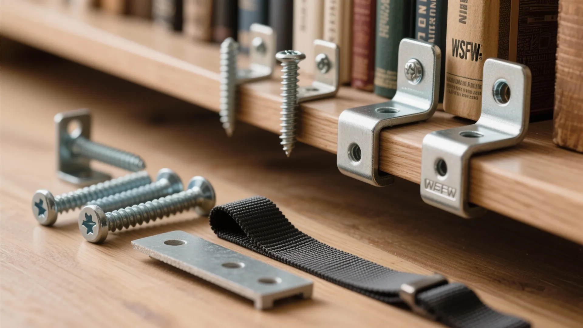 Metal wall brackets and screws displayed on a wooden surface for installing a book shelf