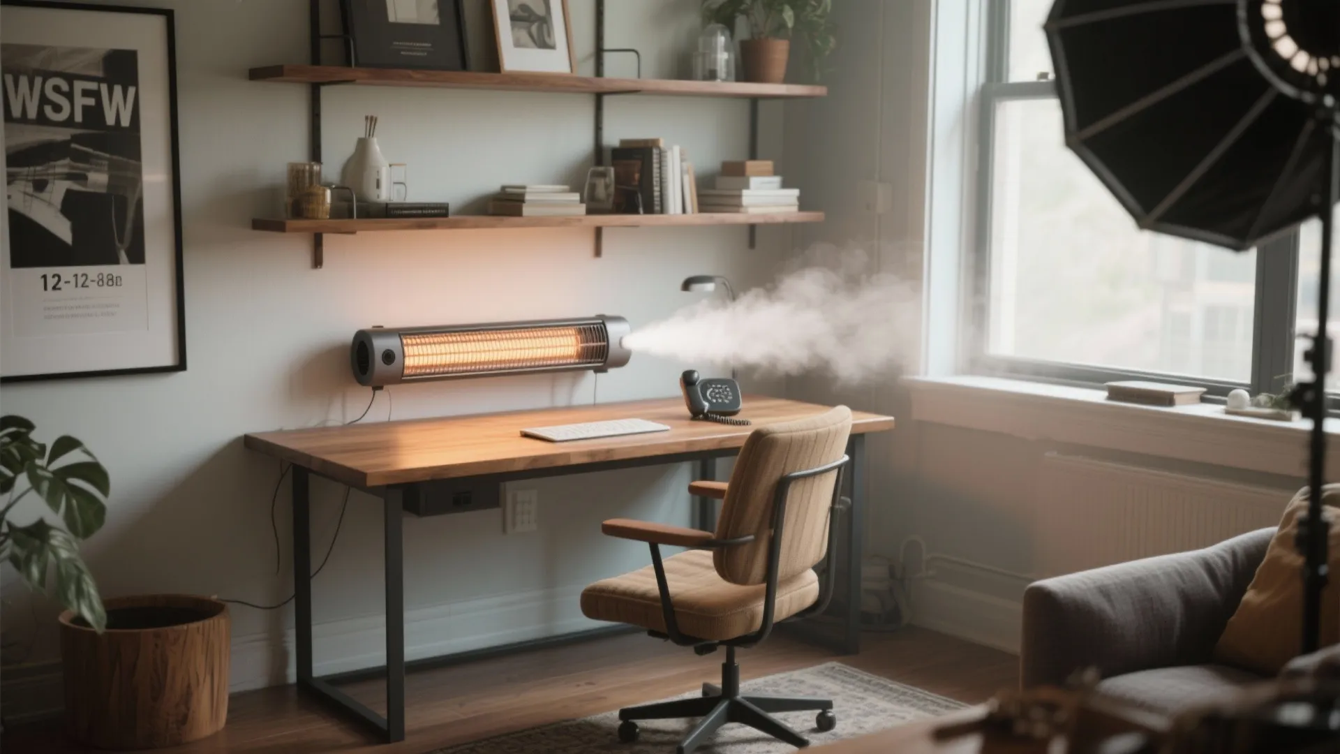 Wall mounted heater above a wooden desk with a chair and shelves in home office