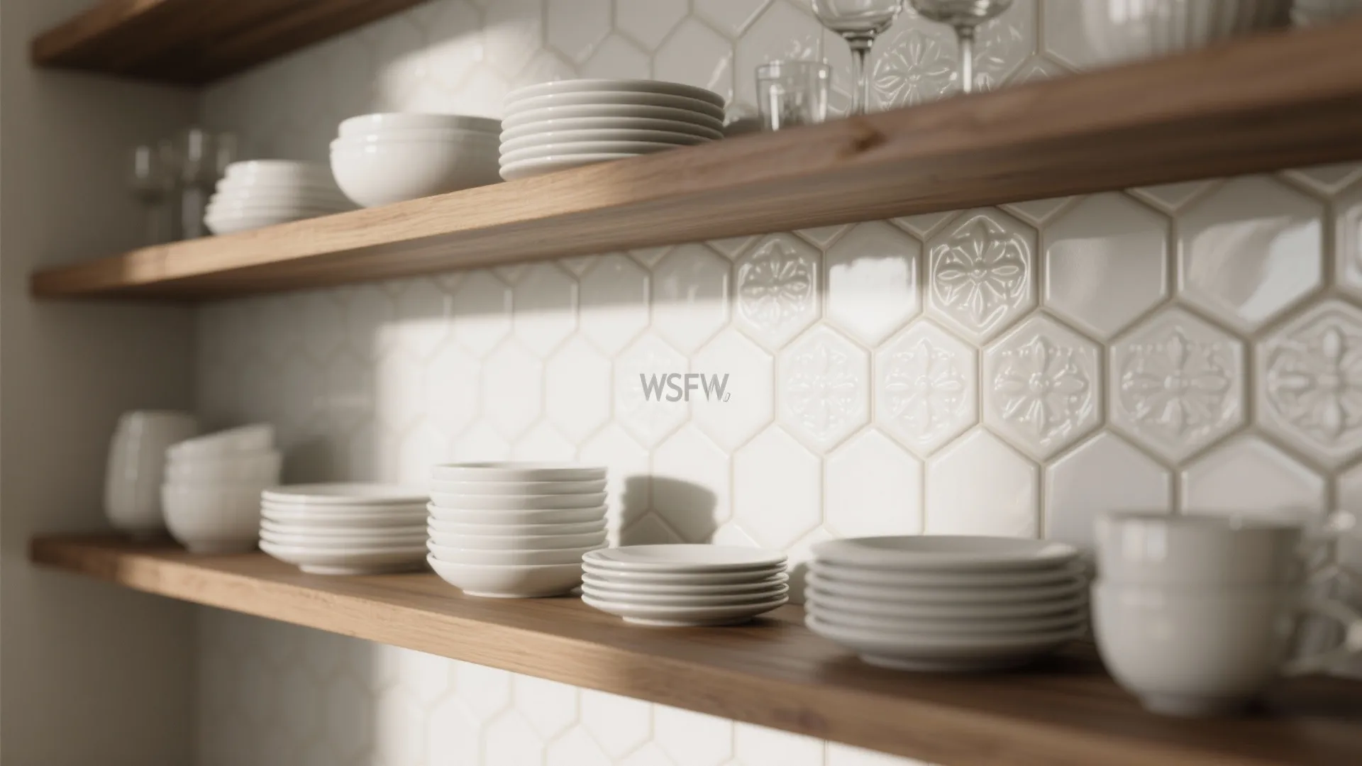 2: Use hex tiles behind open shelving to add depth