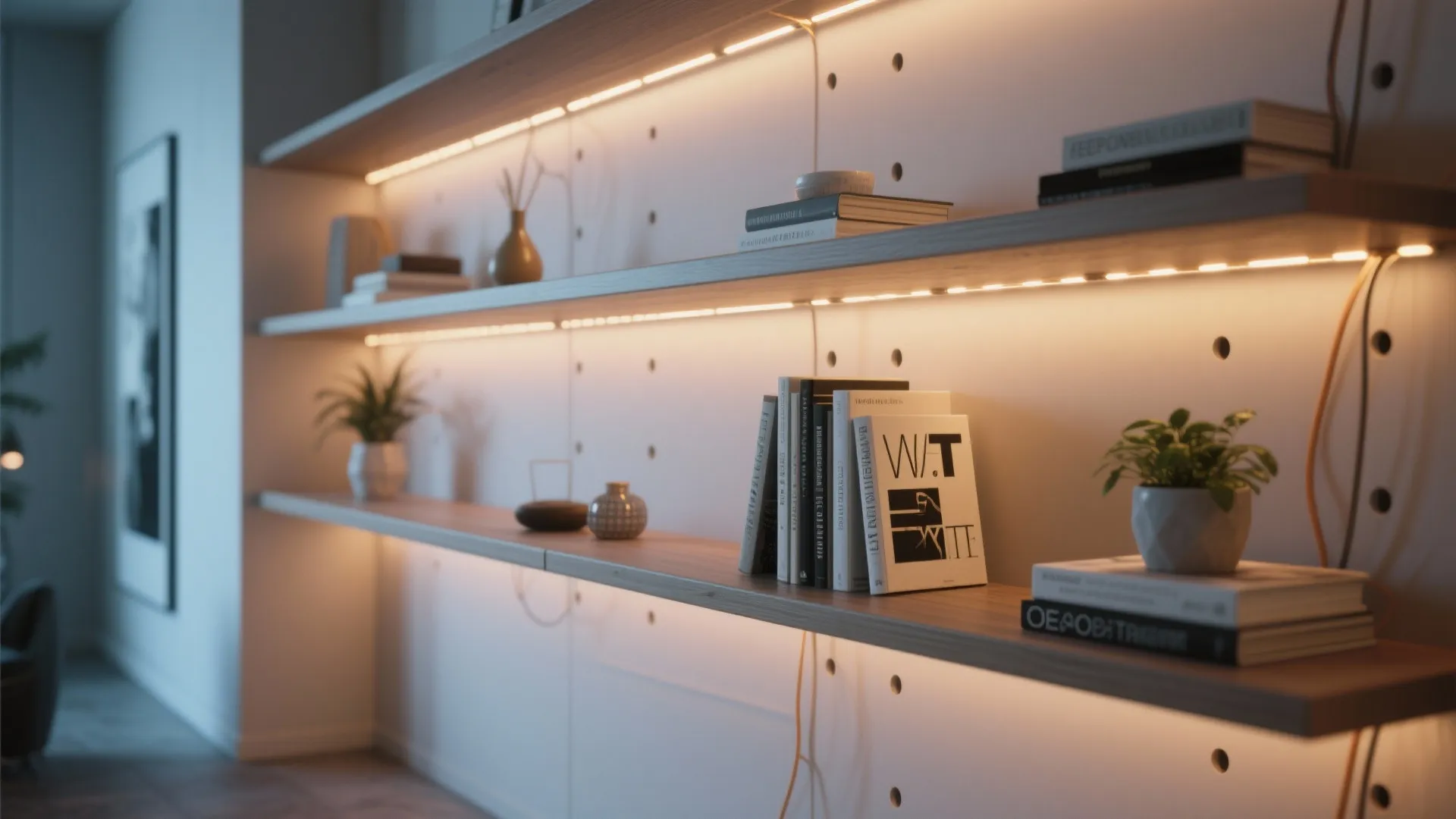 5. Integrated Shelving with Hidden LED Strips