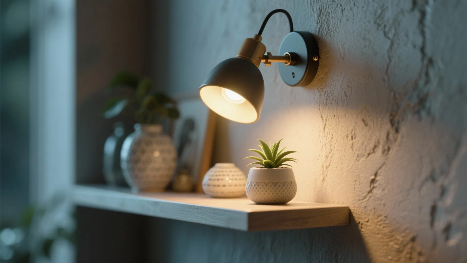 Mini wall bracket pendant spotlighting a floating shelf with decor and a plant, showing texture and focused light.