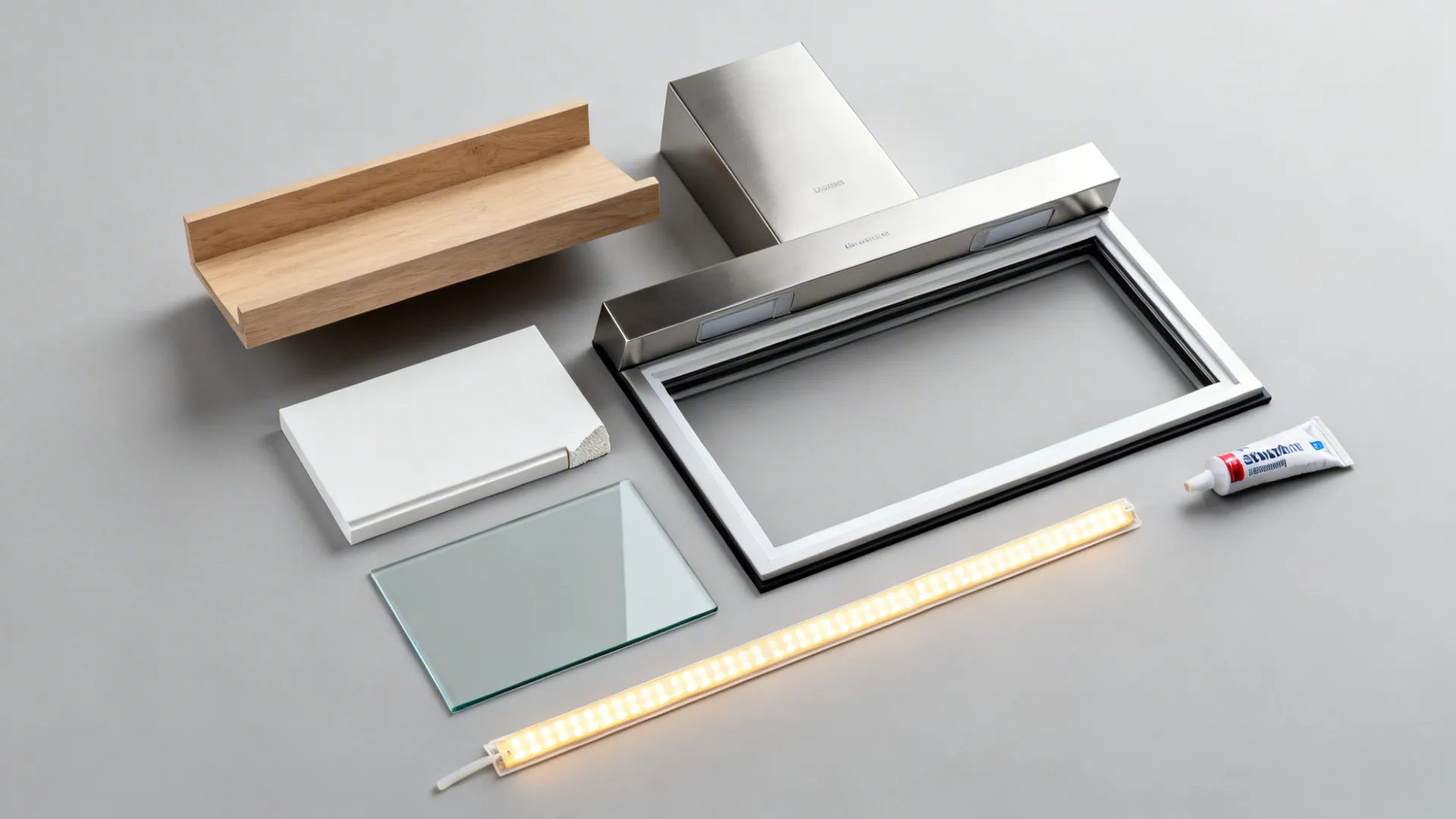 Flat lay of light oak, matte white, stainless steel, and low-iron glass samples.