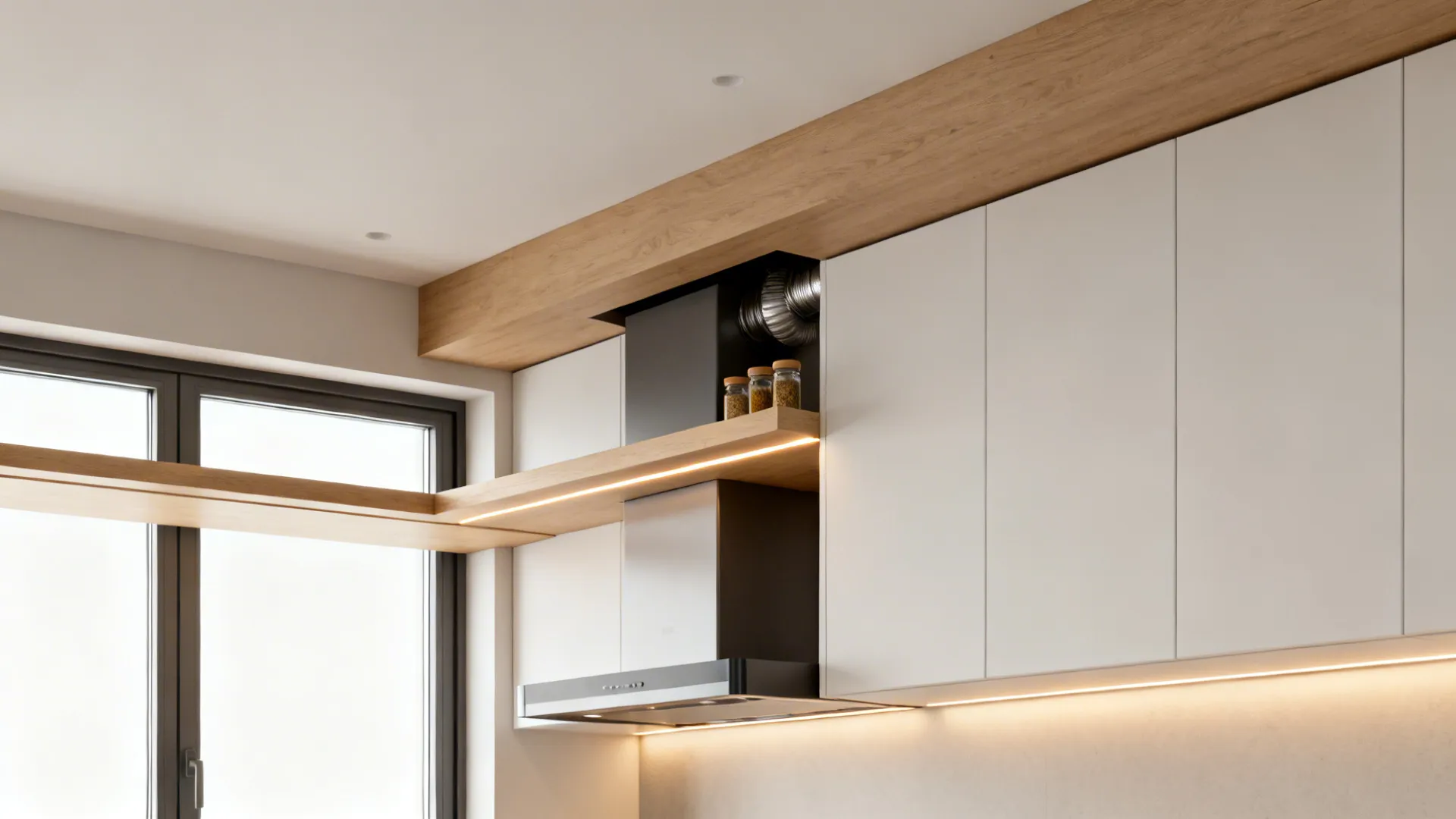 Shelf-bridged window with a compact hood and integrated task lighting.