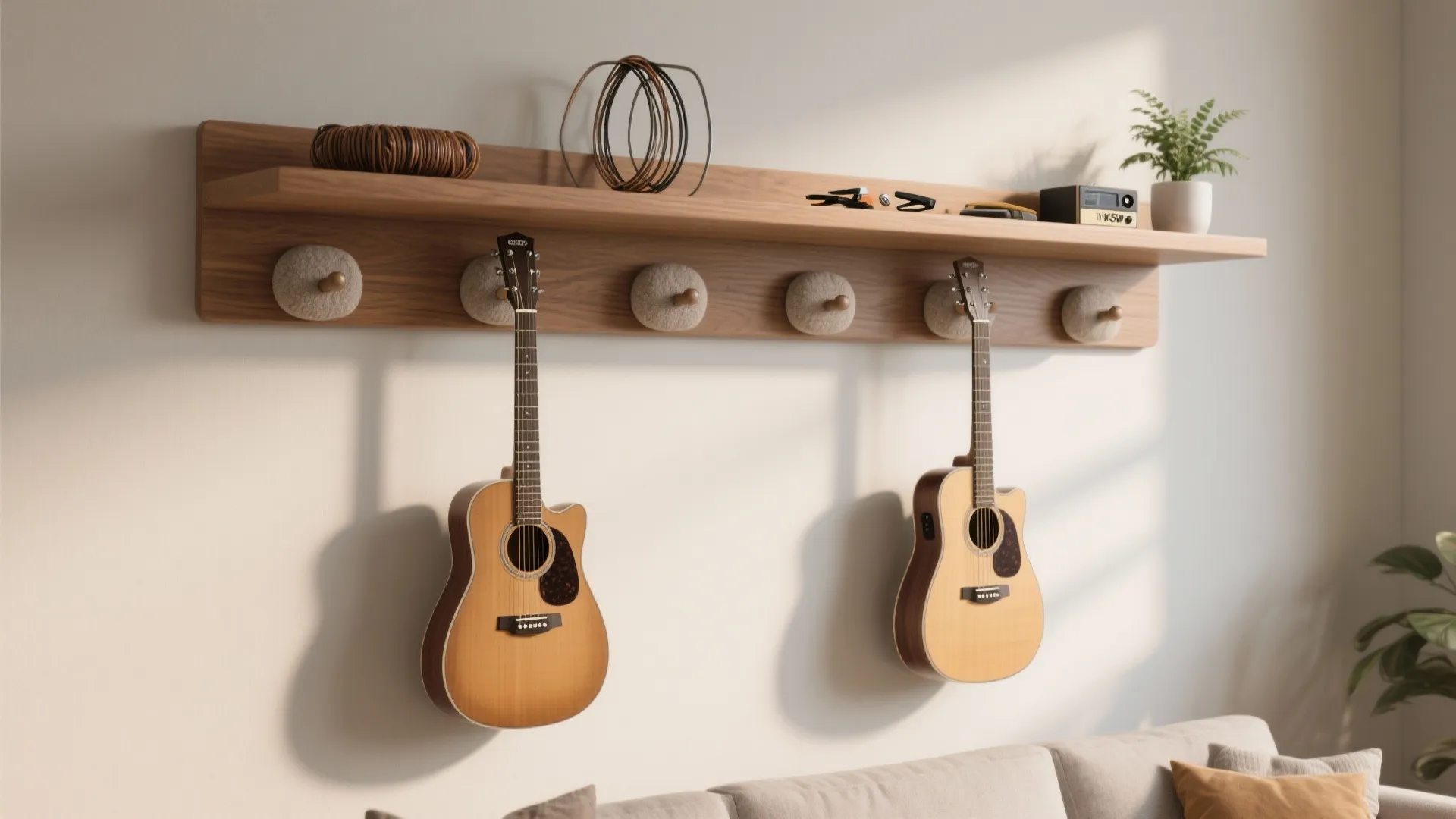Wooden wall shelf with round hooks holding acoustic guitars above a modern grey fabric sofa