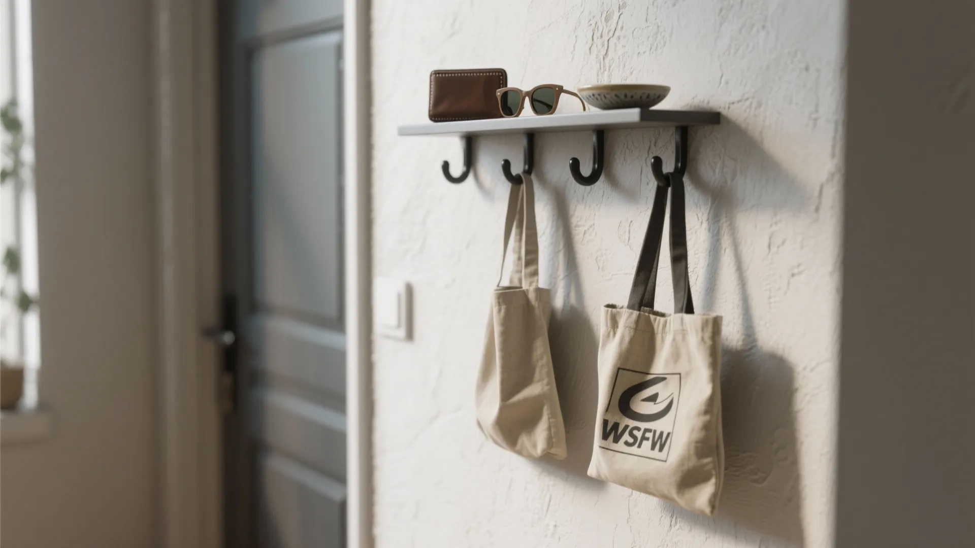 Wall mounted shelf with four black hooks holding two tote bags and some personal small items