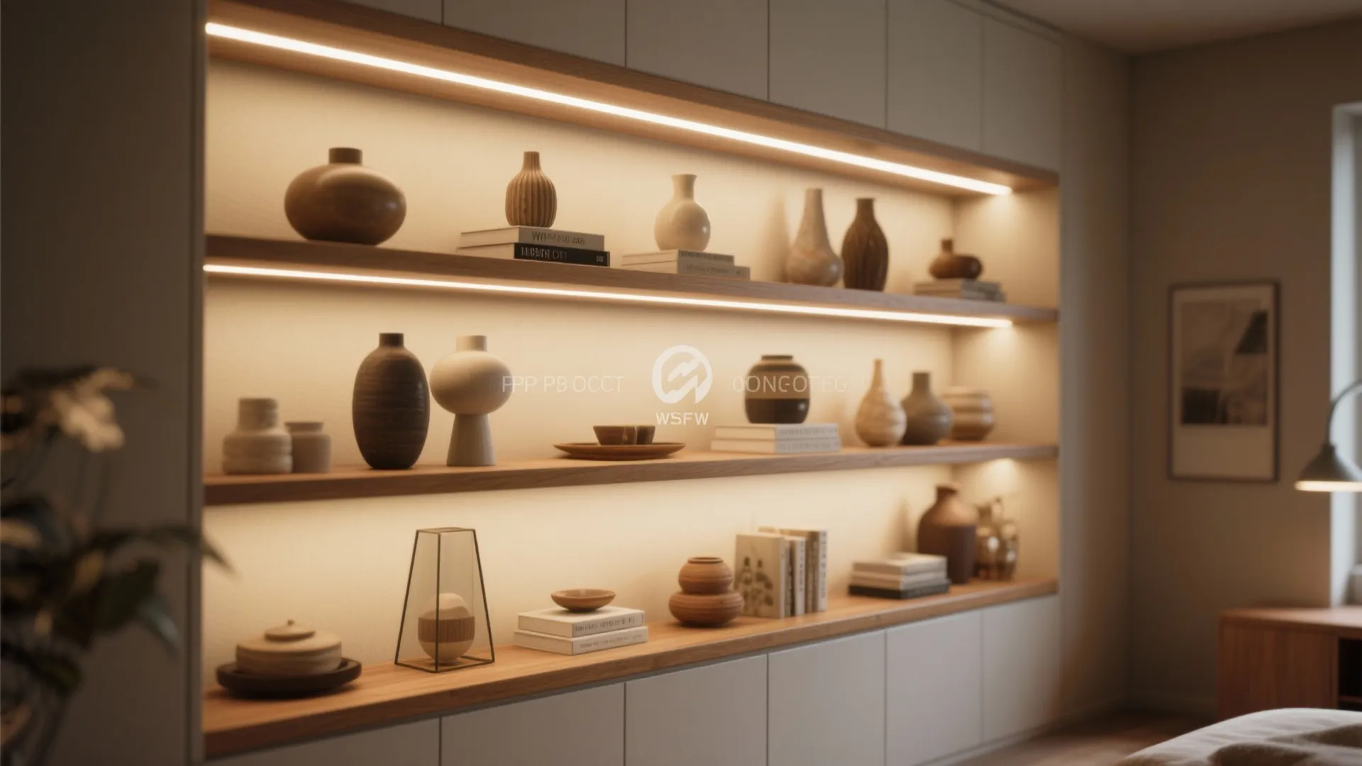 Built-in wooden wall shelves with warm light strips displaying various ceramic vases and books interior
