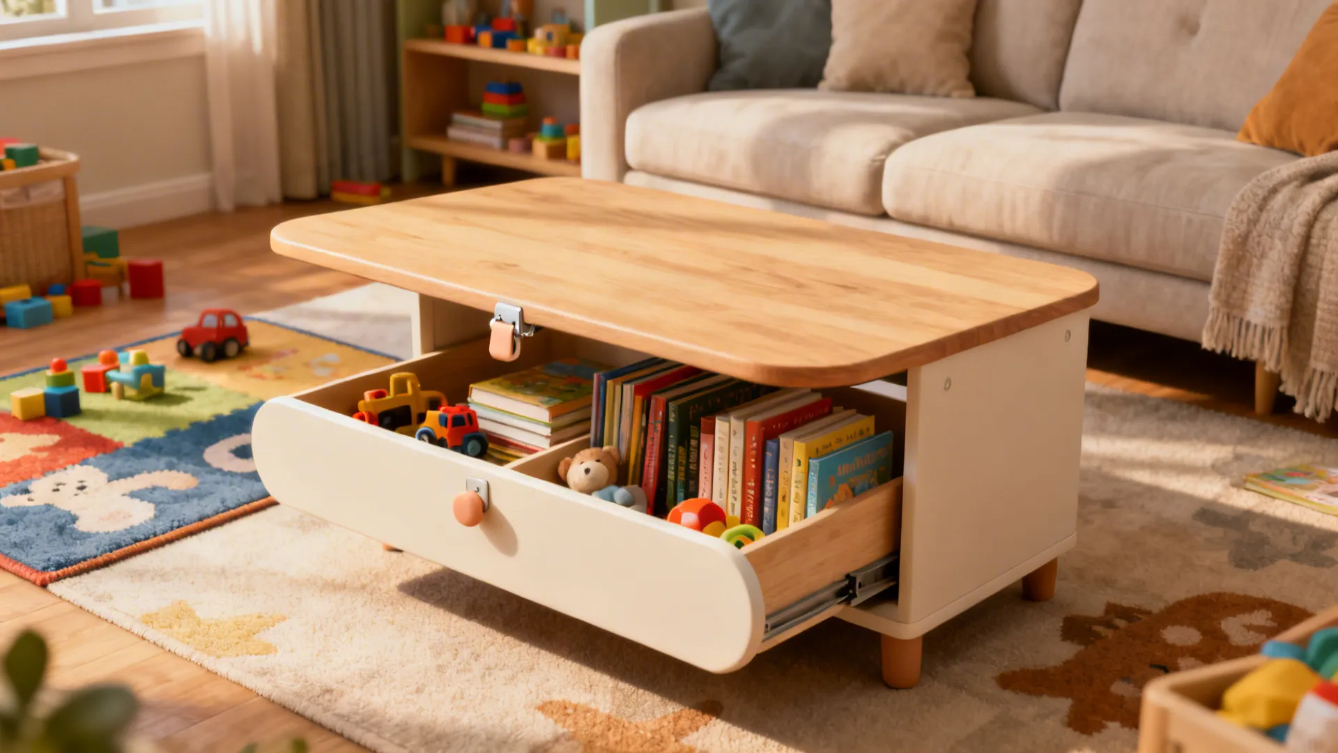 Shelf-integrated lift table with open shelving holding books and toys and the top lifted for use