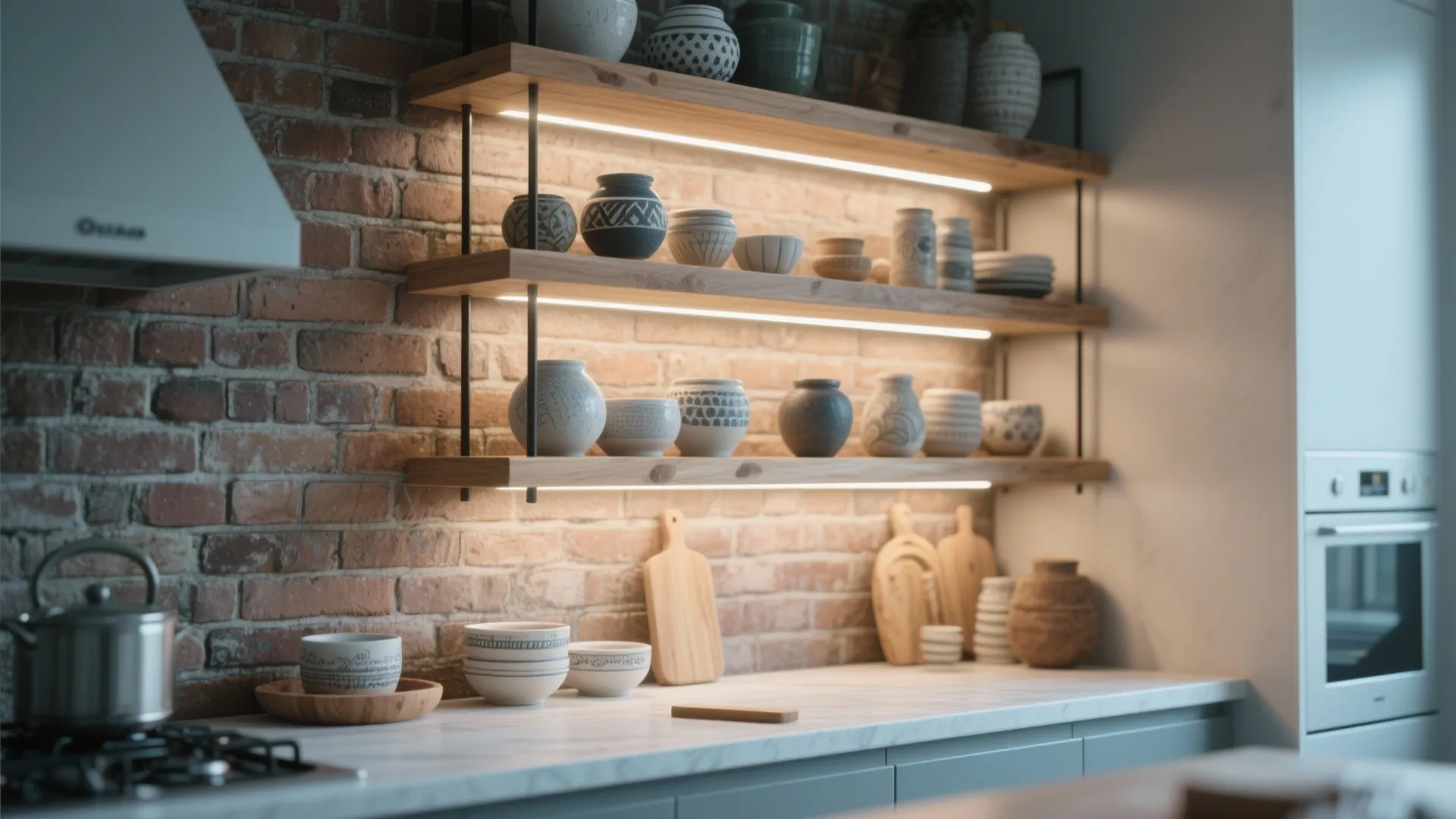 Kitchen area with red brick wall wooden open shelves including built in light strips and pottery