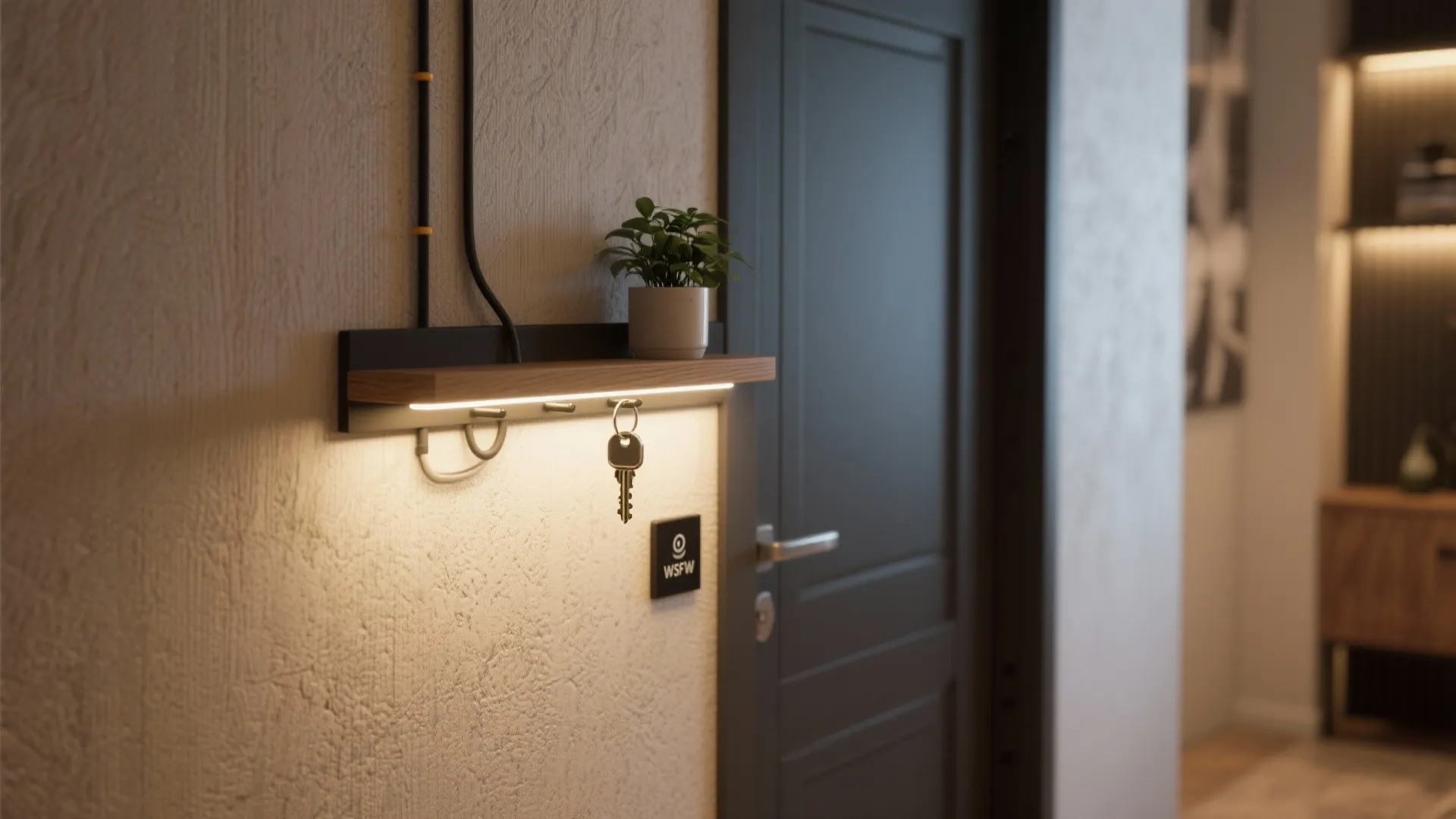 Entryway wooden wall shelf with integrated light fixture holding a small plant and hanging keys