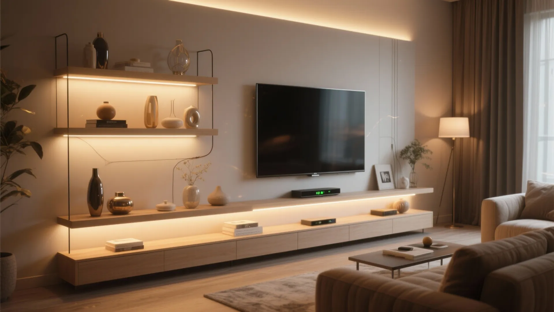 Modern living room featuring wooden shelves with built in light fixtures and a large television