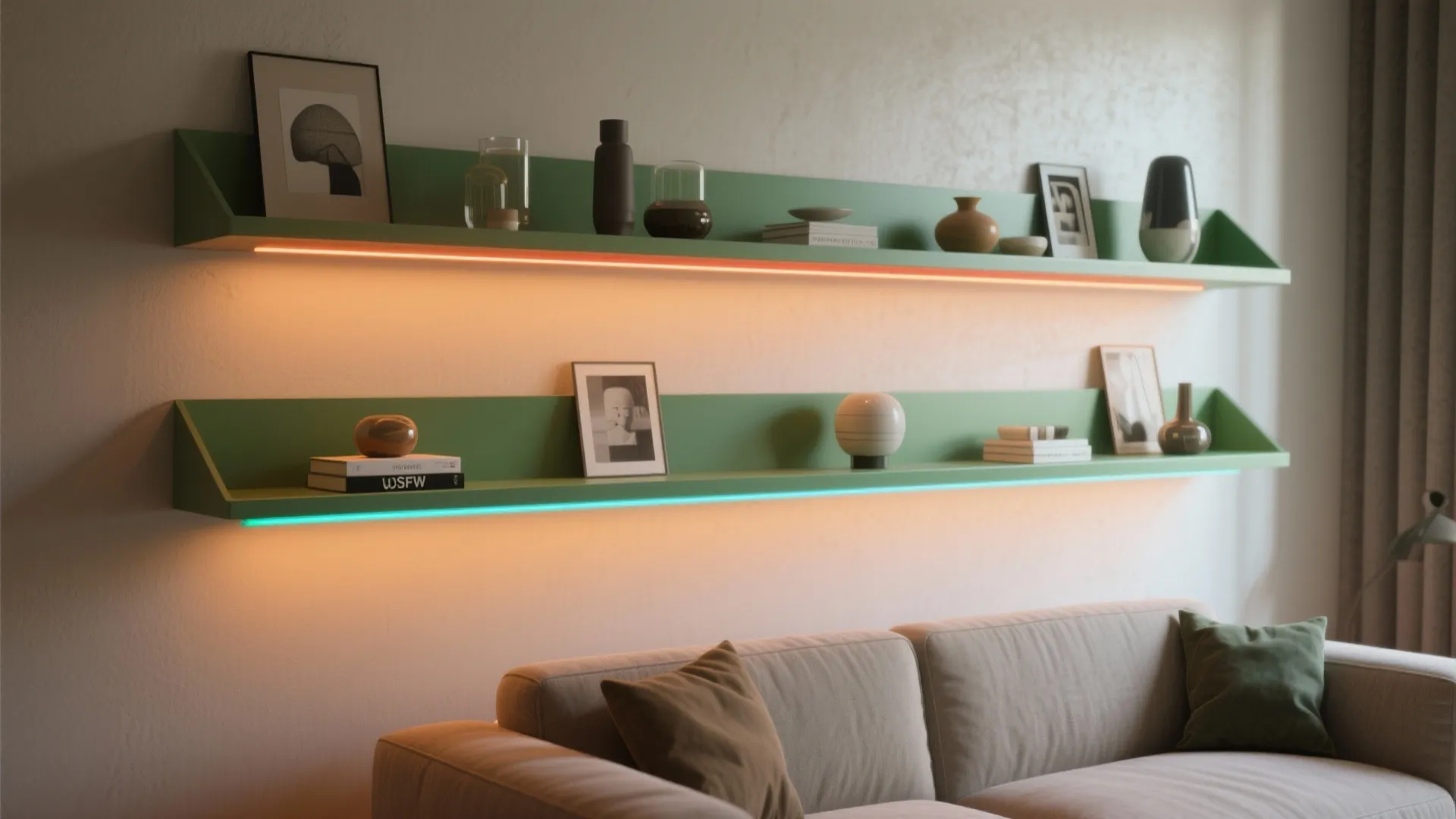 Floating shelves with integrated RGB tape illuminating display objects and wall in a small living room