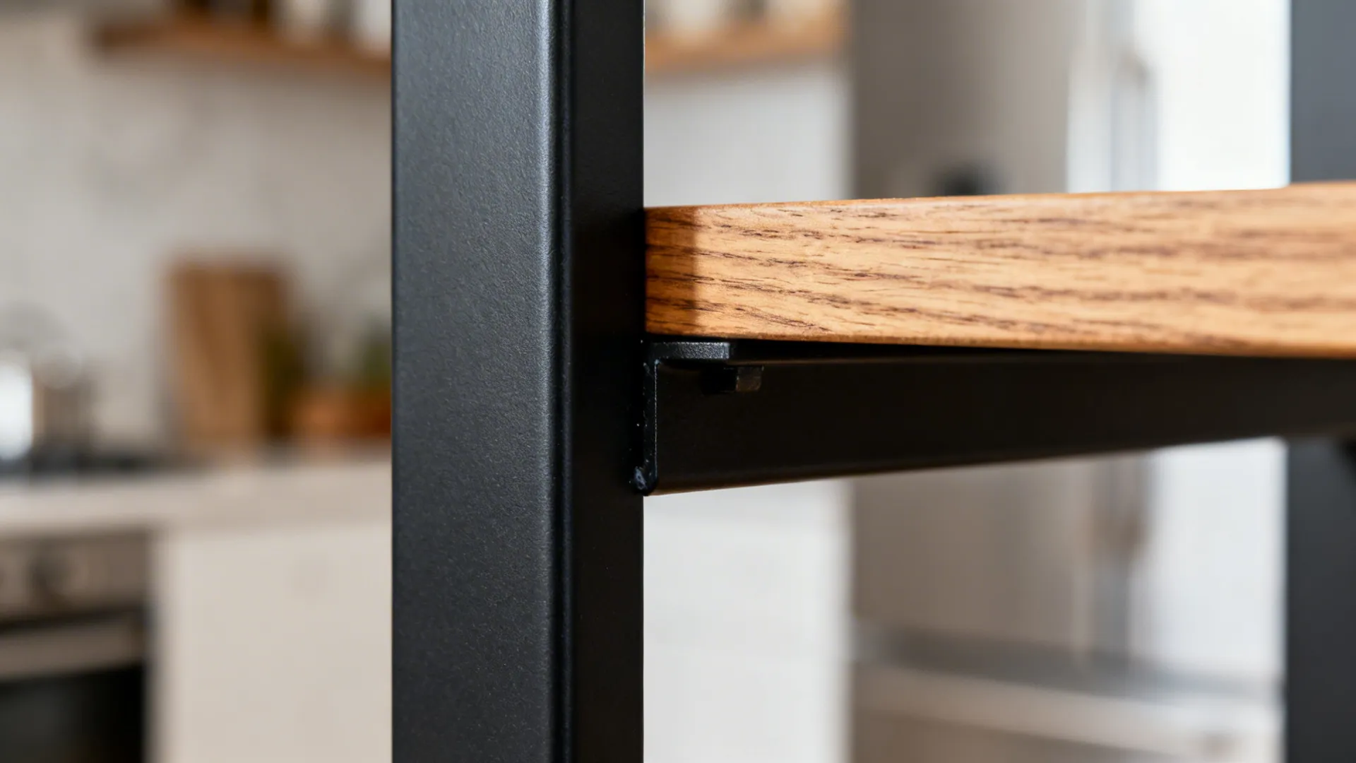 Close up view of a wooden shelf connecting to a black metal frame in kitchen