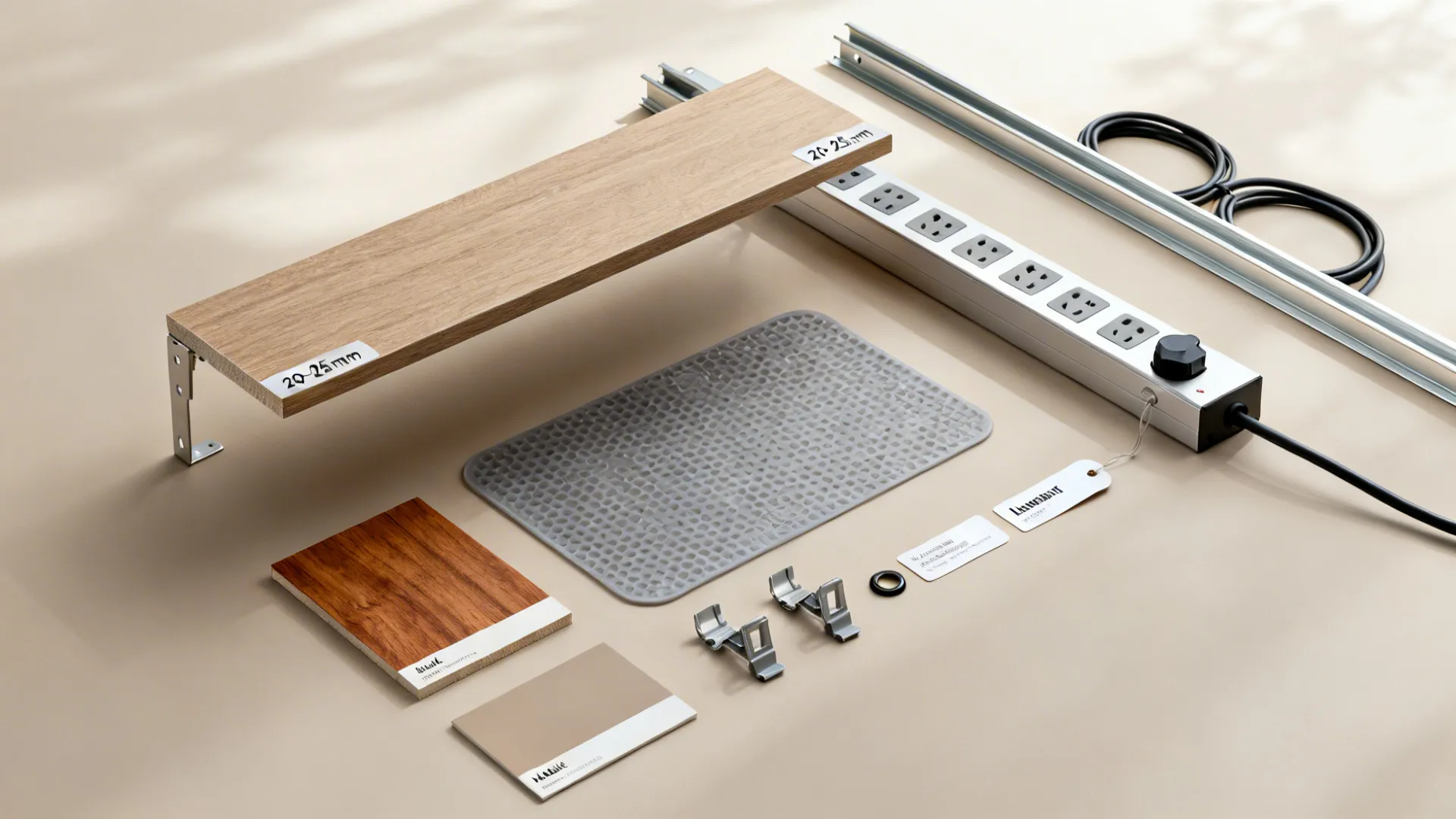 Flat lay of compact laminate shelf, raceway, surge strip, silicone mat, and cable management parts.