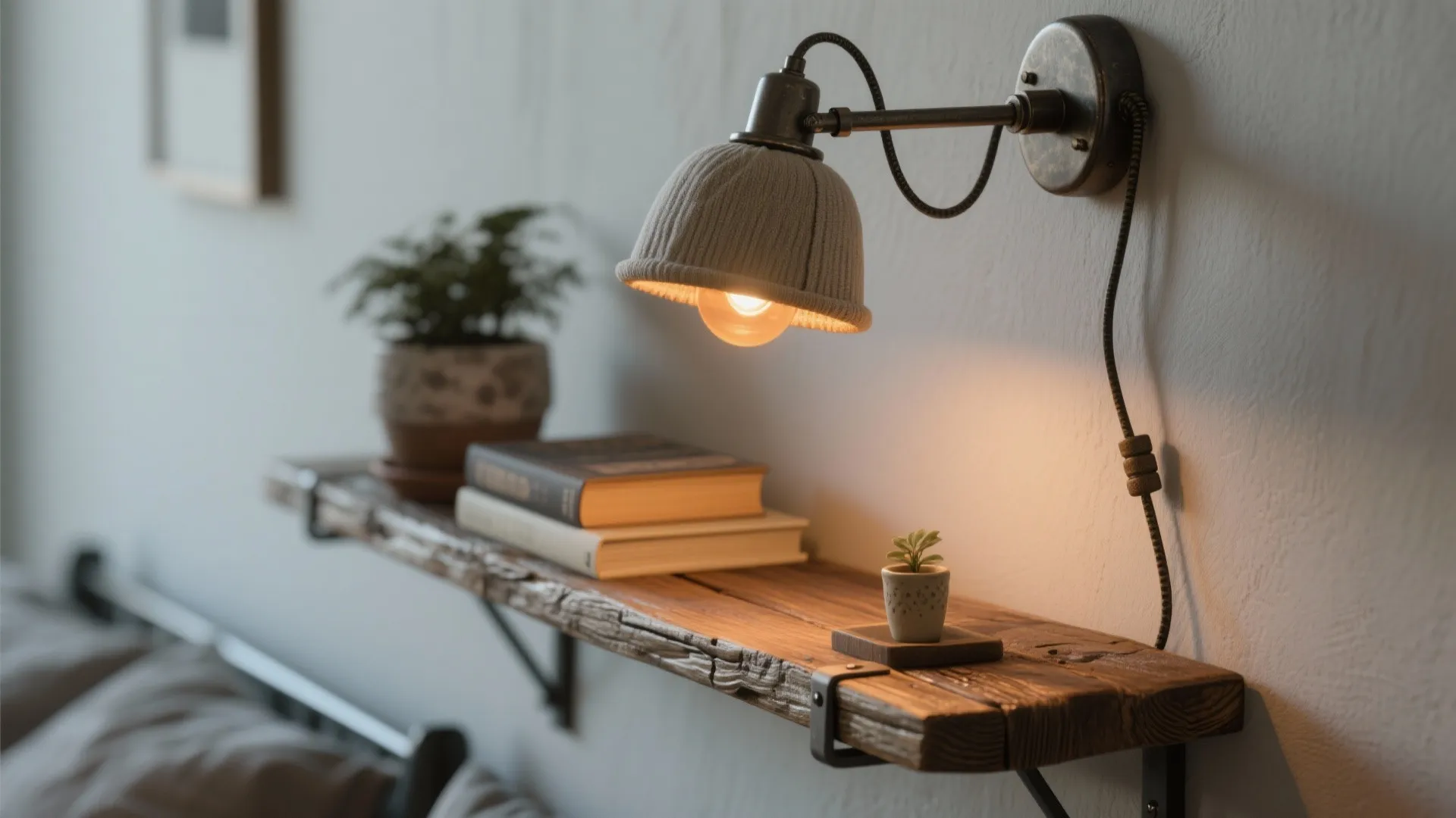 Vintage wall light mounted above wooden floating shelf with books and small green potted plant