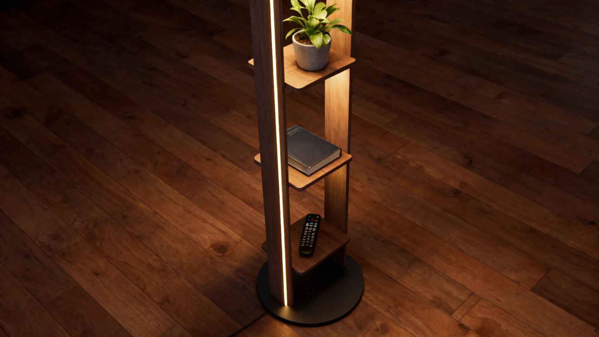 Corner shelf-lamp combining narrow shelves and a slim lamp pole holding plants and books.