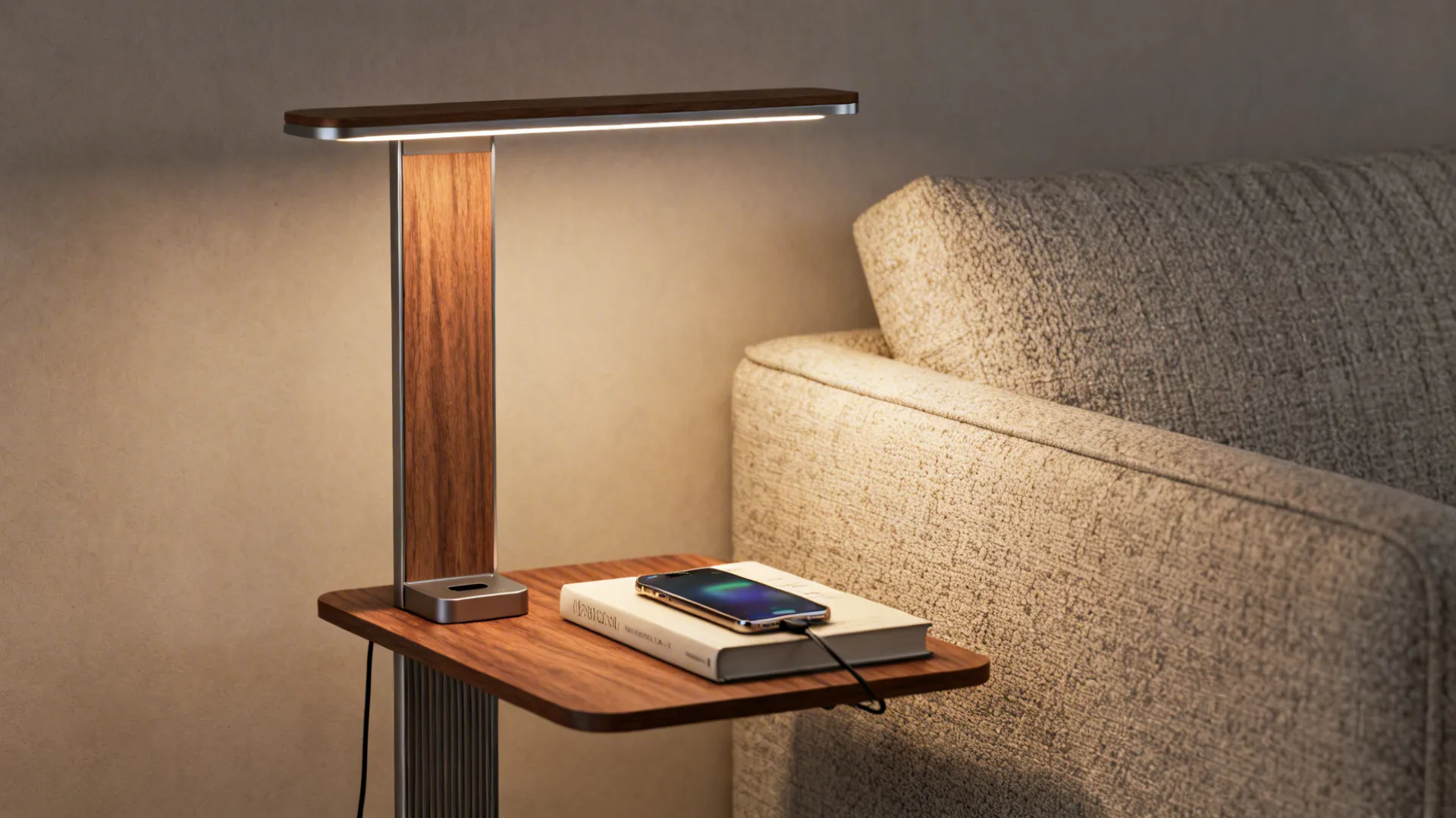 Modern wooden floor lamp with built-in side table charging a mobile phone next to grey sofa