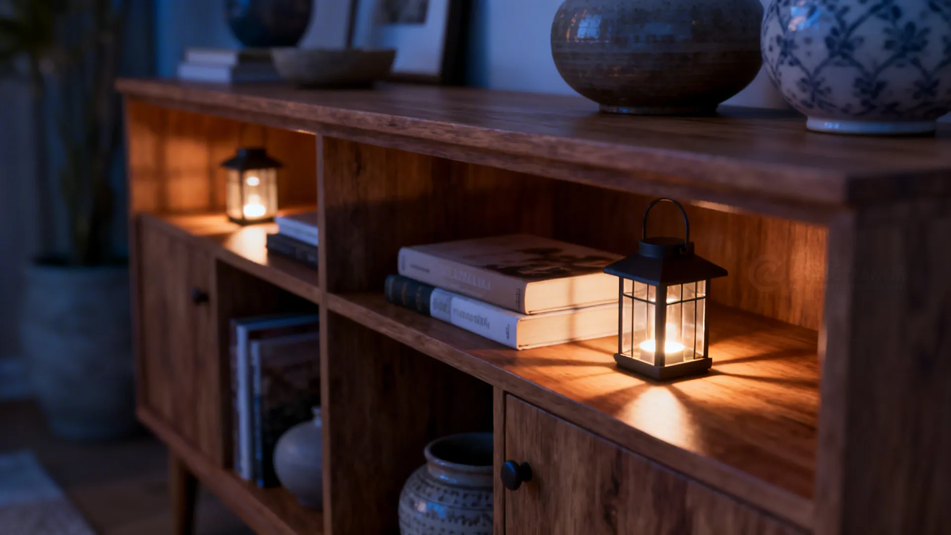 Small battery lanterns on a wooden console and open shelves creating pockets of accent light.