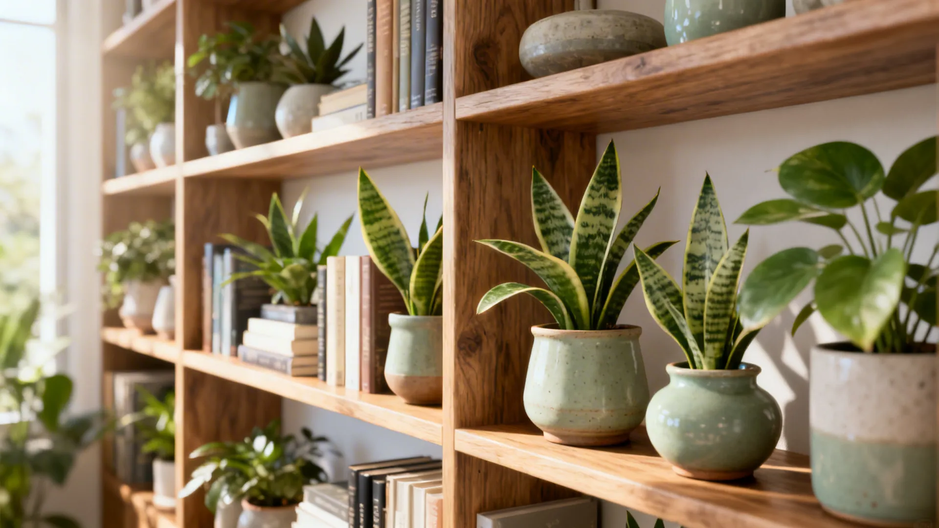 Layered open shelf with staggered snake plants, books and ceramic pots for texture.