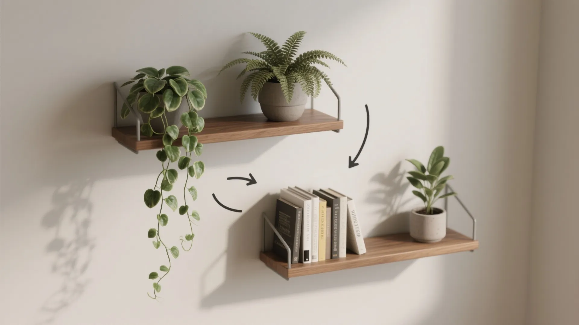 Two wooden wall shelves holding green potted plants and books with black arrows showing movement