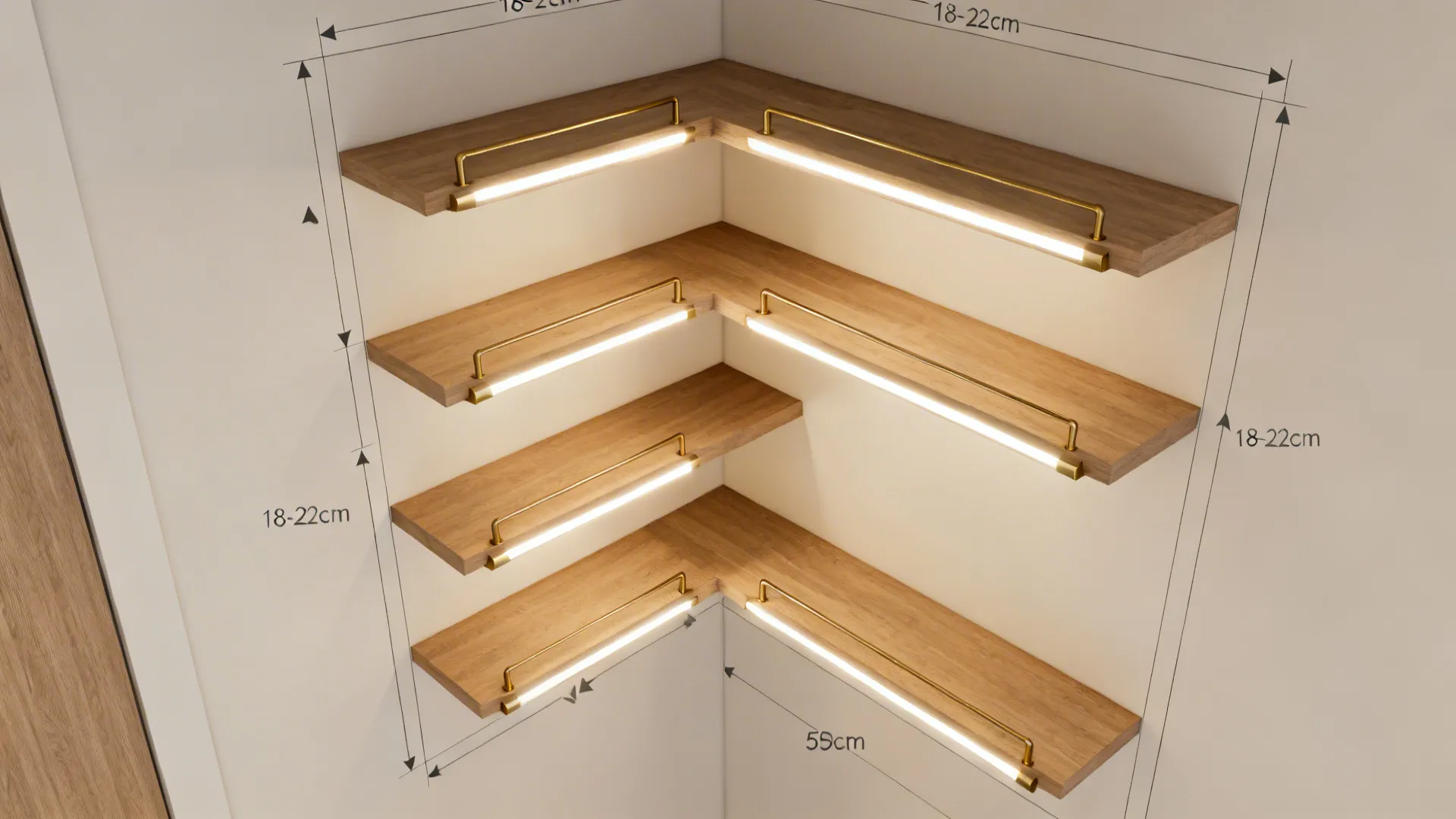 Interior design drawing showing corner wooden shelves with light fixtures and labeled measurements room layout