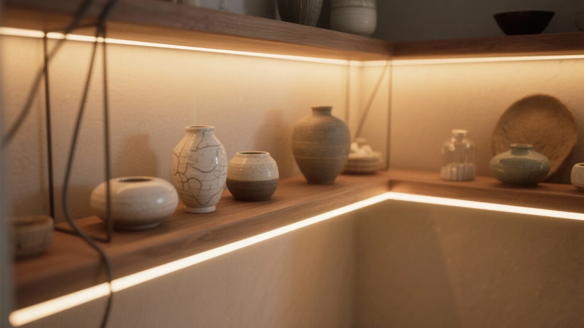 Wooden wall shelves with warm light strips displaying various ceramic vases and round decorative items