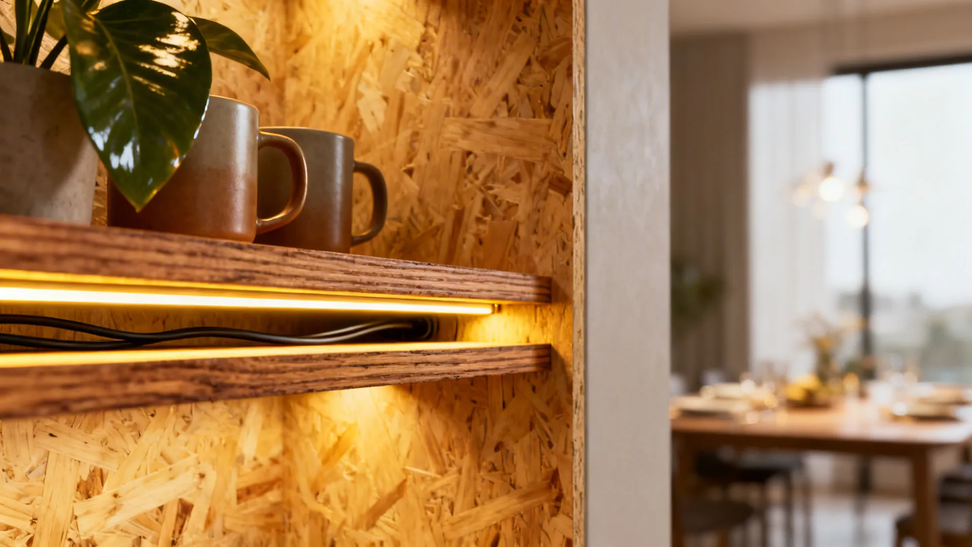 Close-up of plywood shelf with hardwood edge and integrated LED lighting.
